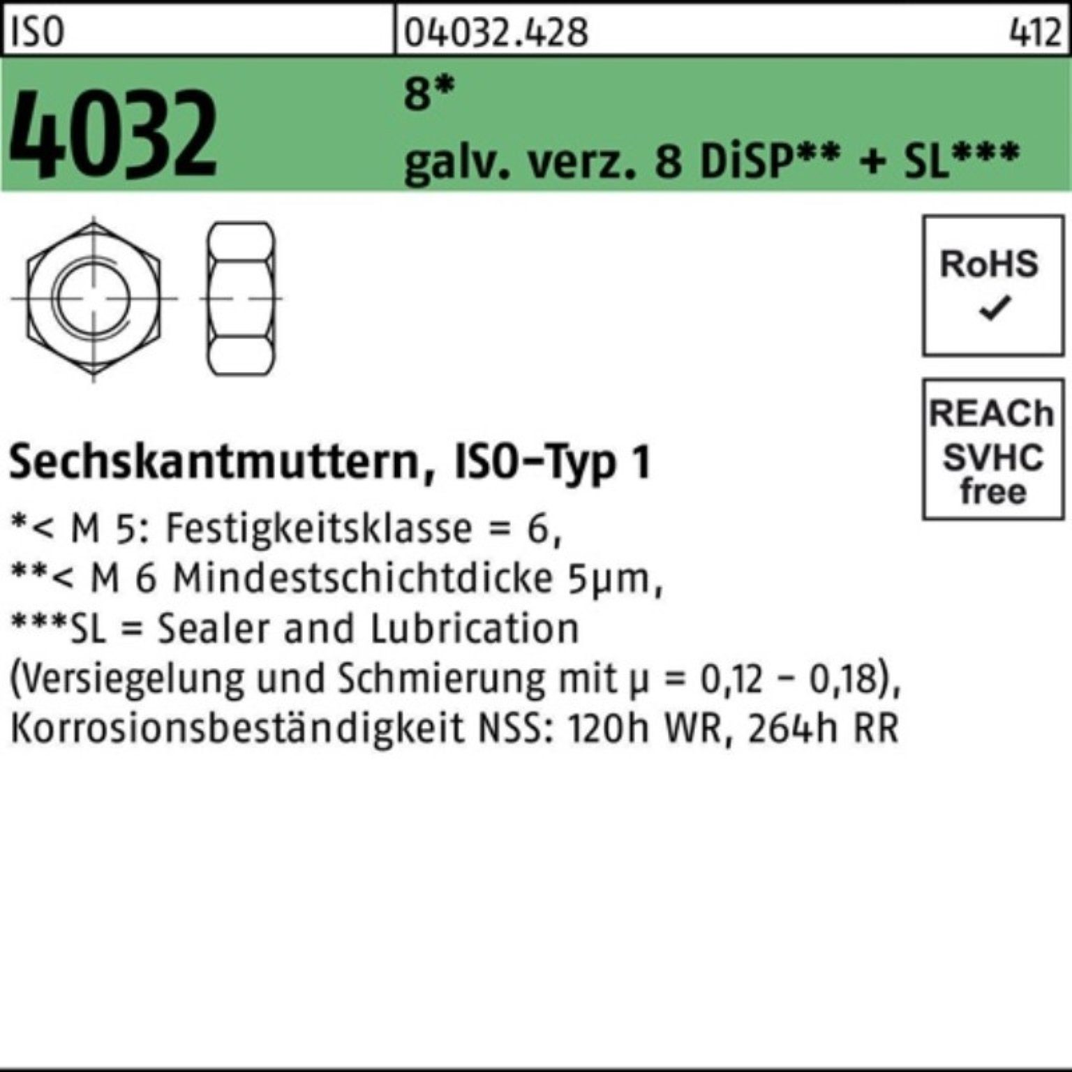 Bufab Muttern 1000er Pack Sechskantmutter ISO 4032 M6 8 galv.verz. 8 DiSP + SL 1000