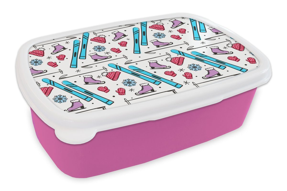 MuchoWow Lunchbox Wintersport - Schnittmuster - Schlittschuhlaufen, Kunststoff, (2-tlg), Brotbox für Erwachsene, Brotdose Kinder, Snackbox, Mädchen, Kunststoff rosa