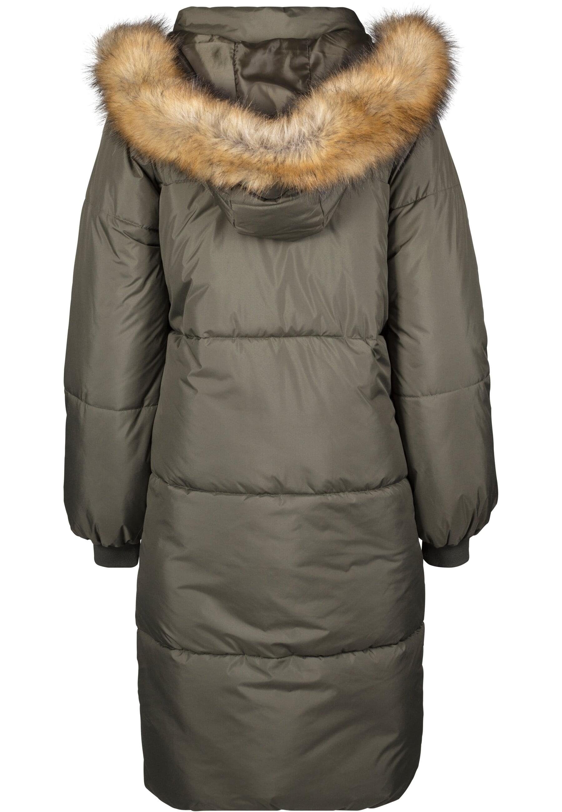 URBAN CLASSICS Outdoorjacke darkolive/beige Faux Fur Coat Damen Puffer (1-St) Oversize Ladies