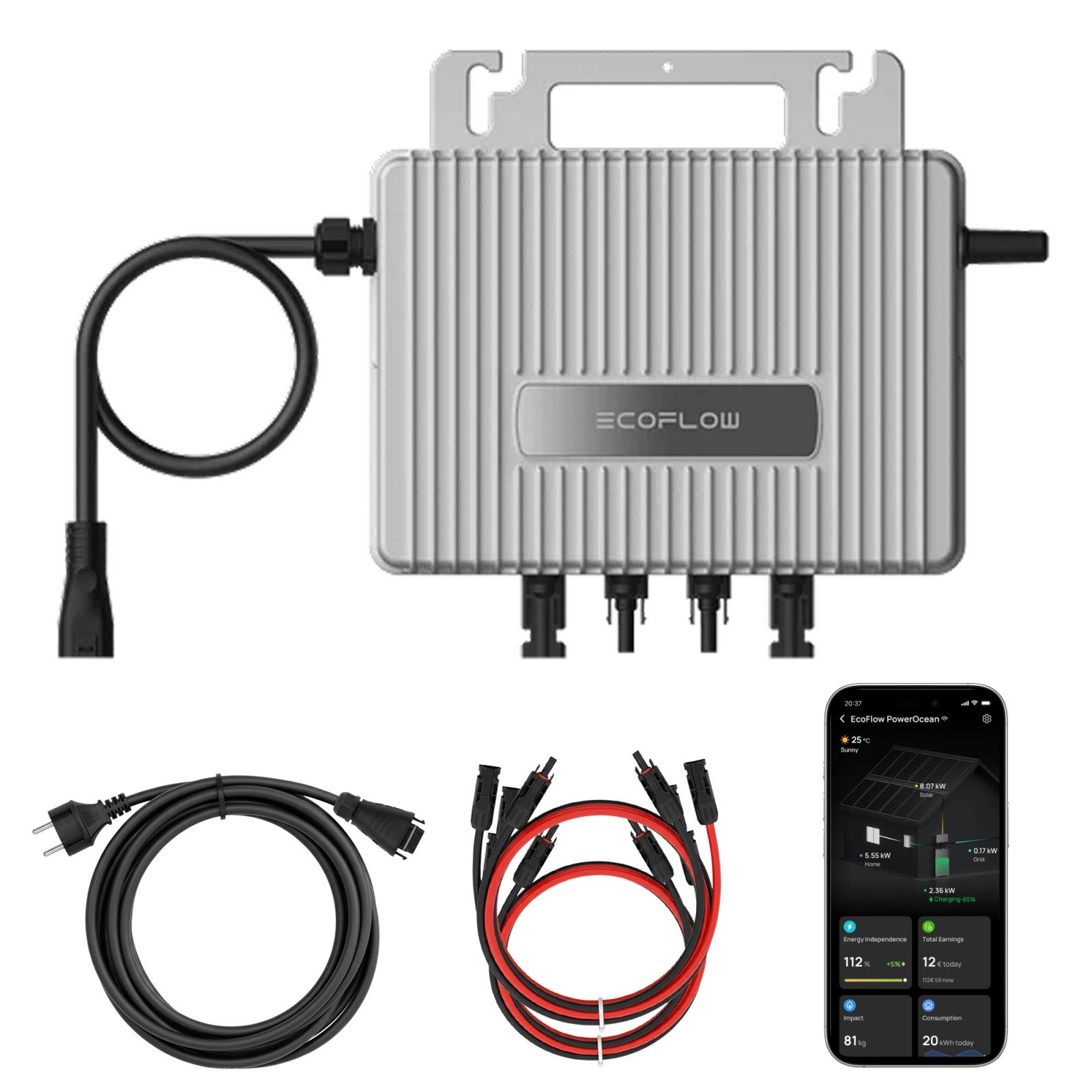 SUNNIVA Інвертор EcoFlow Stream Mikro-Wechselrichter 800 W –für Balkonkraftwerk, (Plug-&-Play mit 2× MPPT, IP67, WLAN & Bluetooth, inkl. 5 m Anschlusskabel + 4× 1 m Solar-Verlängerungskabel)