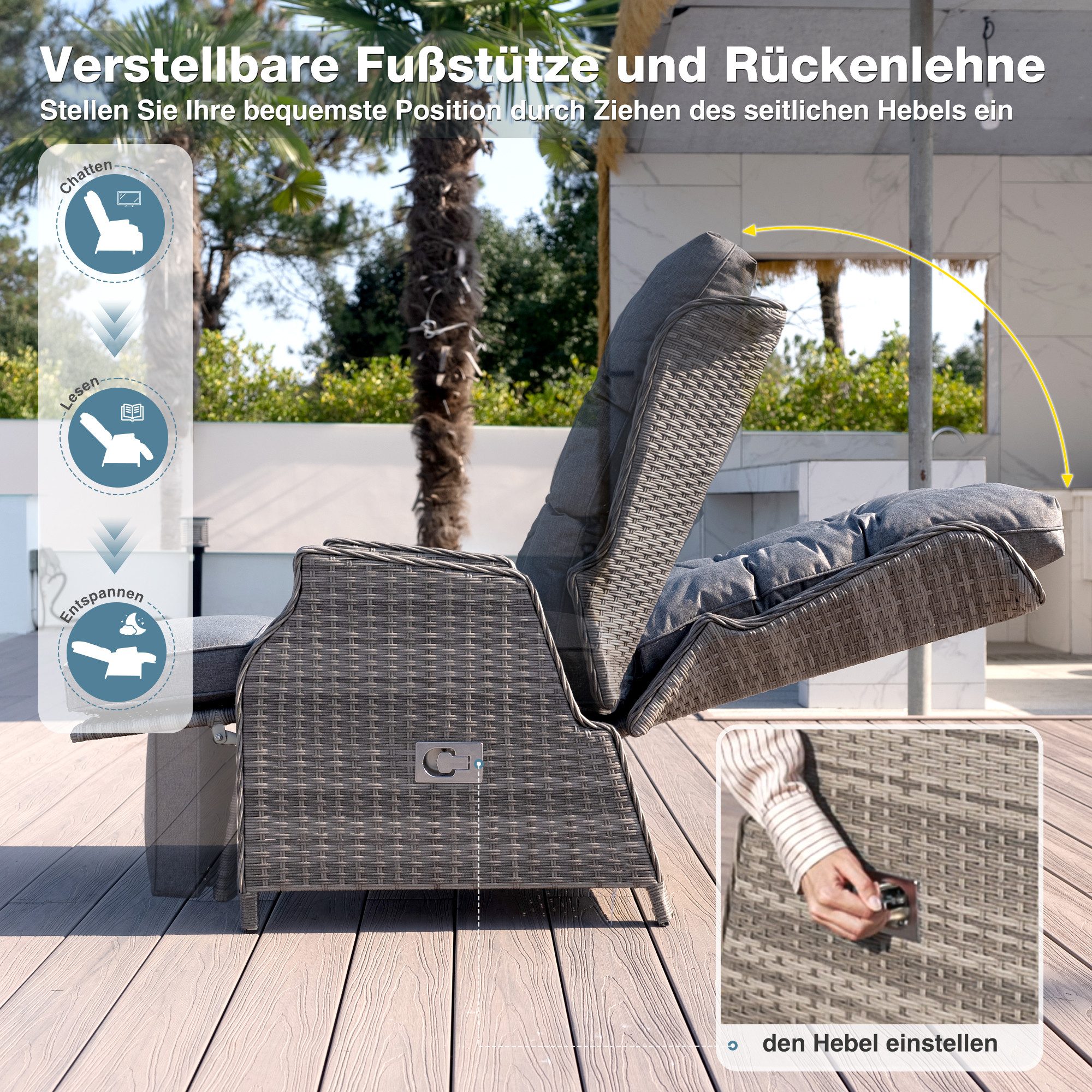 HOMECALL Rattanstuhl Gartensessel Indoor Verstellbar Liegestuhl Gartenliege balkonliege (Wetterfester Rahmen, klappbarem Beistelltisch und Fußstütze, 1 St), COMLAX FIELD