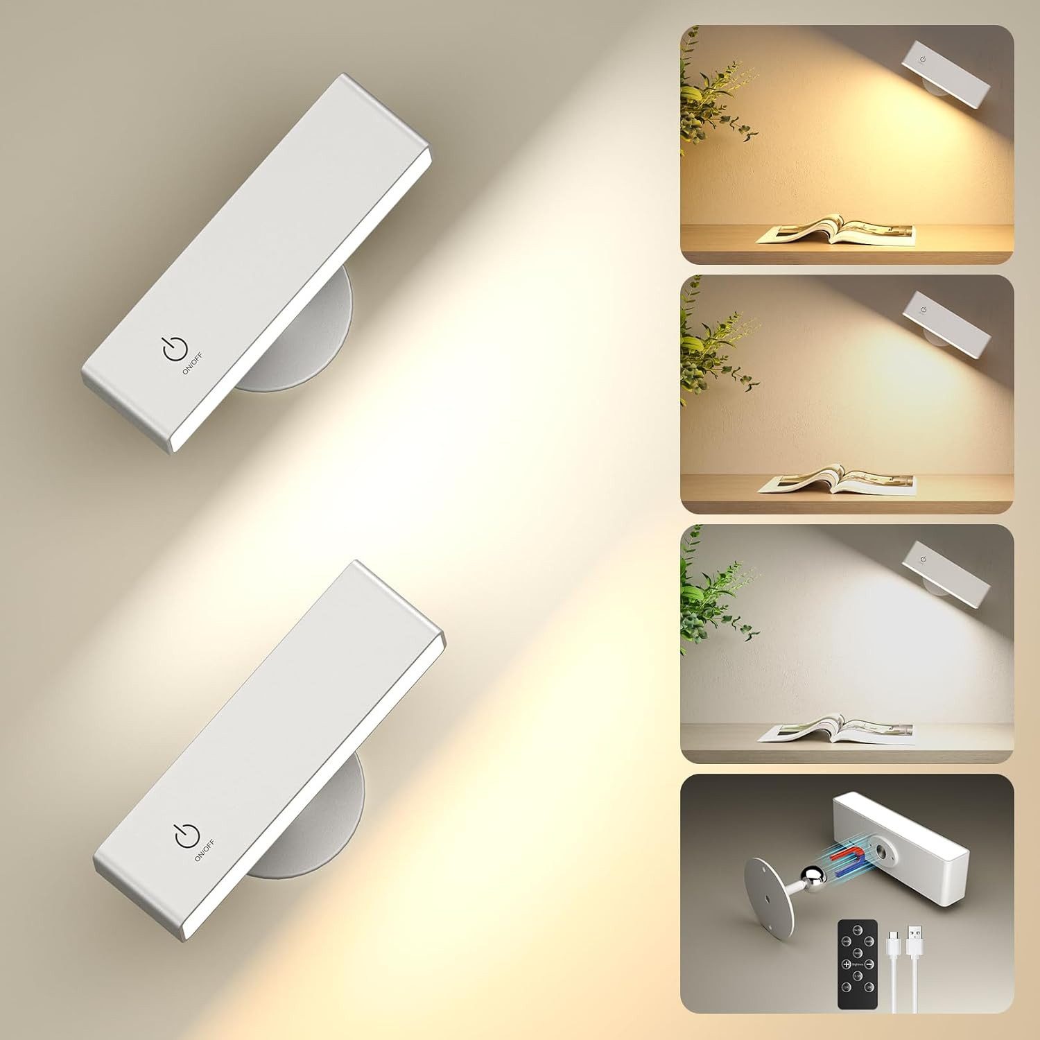 Futicare LED Leselampe Wandleuchte Akku, ohne Stromanschluss, 4000mAh, dimmbar, 3 Farbtemperaturen, 360° drehbar, mit Fernbedienung, 2er Set