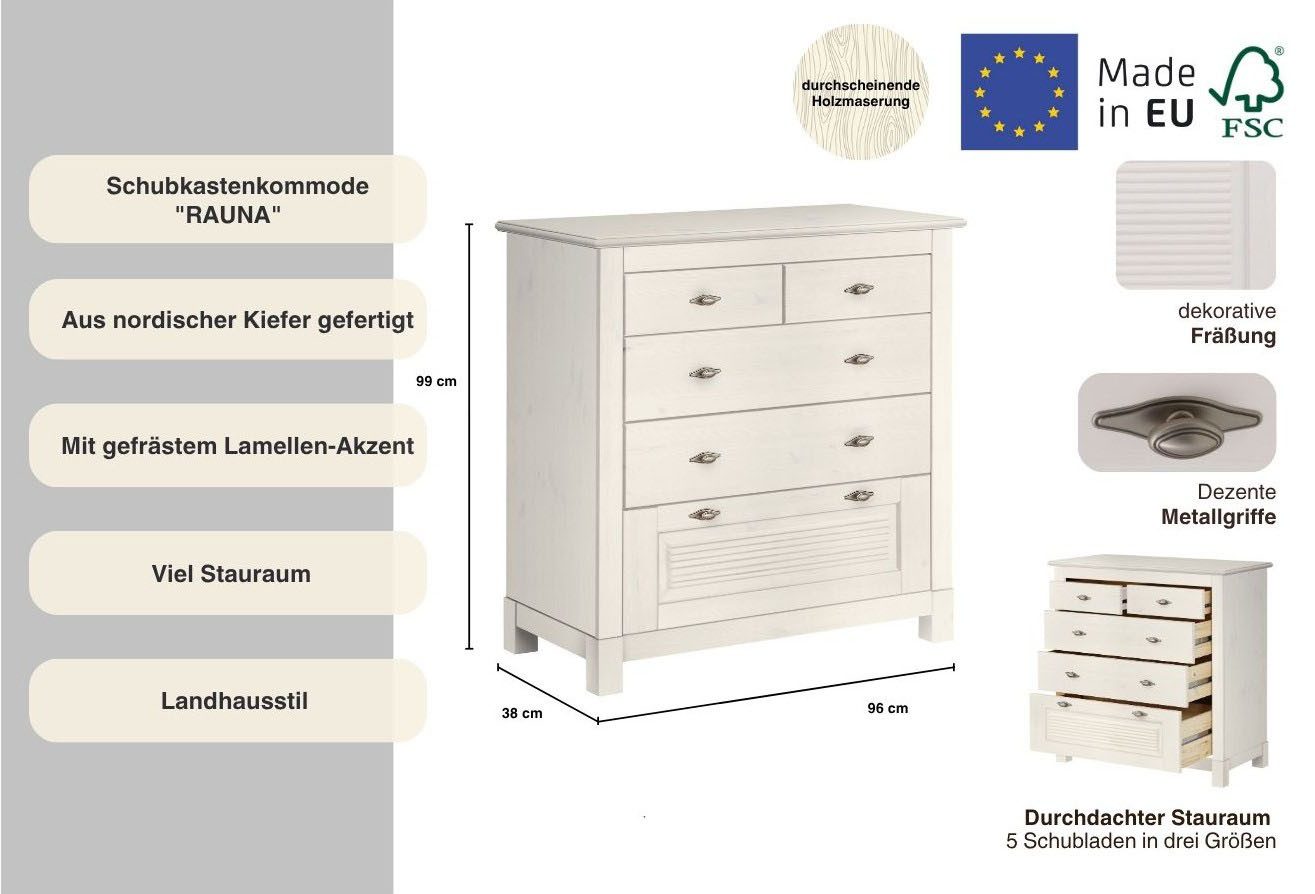 OTTO home Schubkastenkommode Rauna, aus massiver Kiefer mit 5 Schubladen, Breite 96 cm