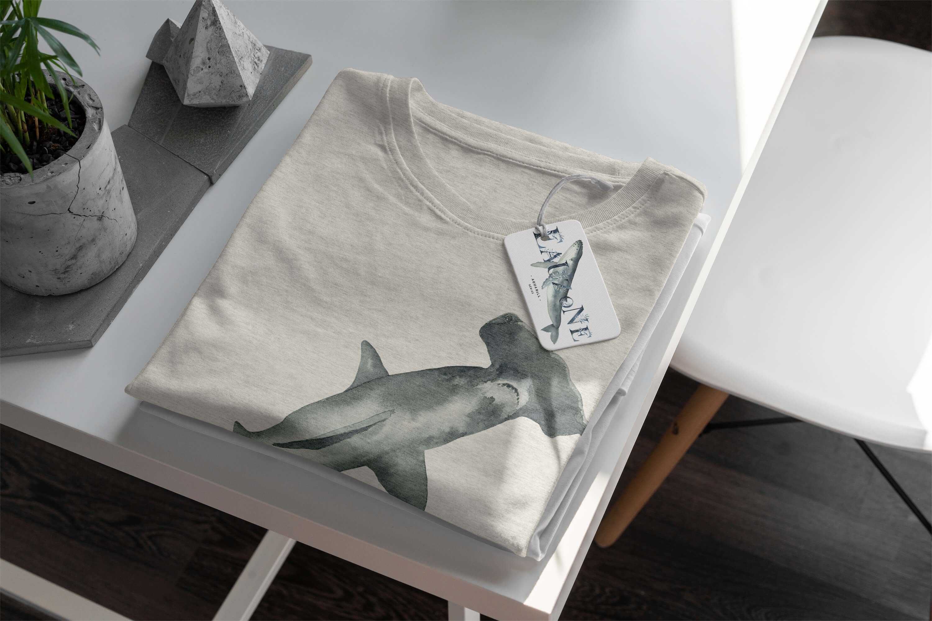 Sinus au Art Ökomode Shirt Bio-Baumwolle Wasserfarben T-Shirt gekämmte 100% T-Shirt Hammerhai Herren (1-tlg) Motiv Nachhaltig