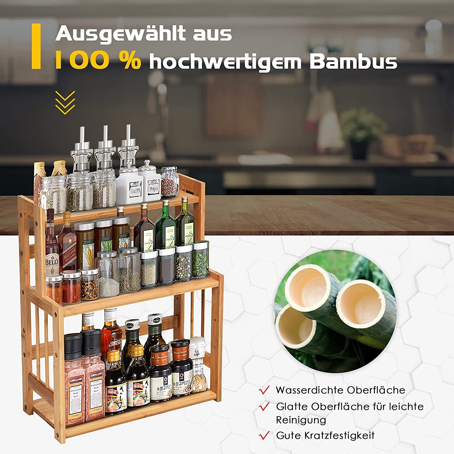 KOMFOTTEU Gewürzregal Küchenregal, mit 3 Etagen, aus Bambus, verstellbar Ab günstig online kaufen