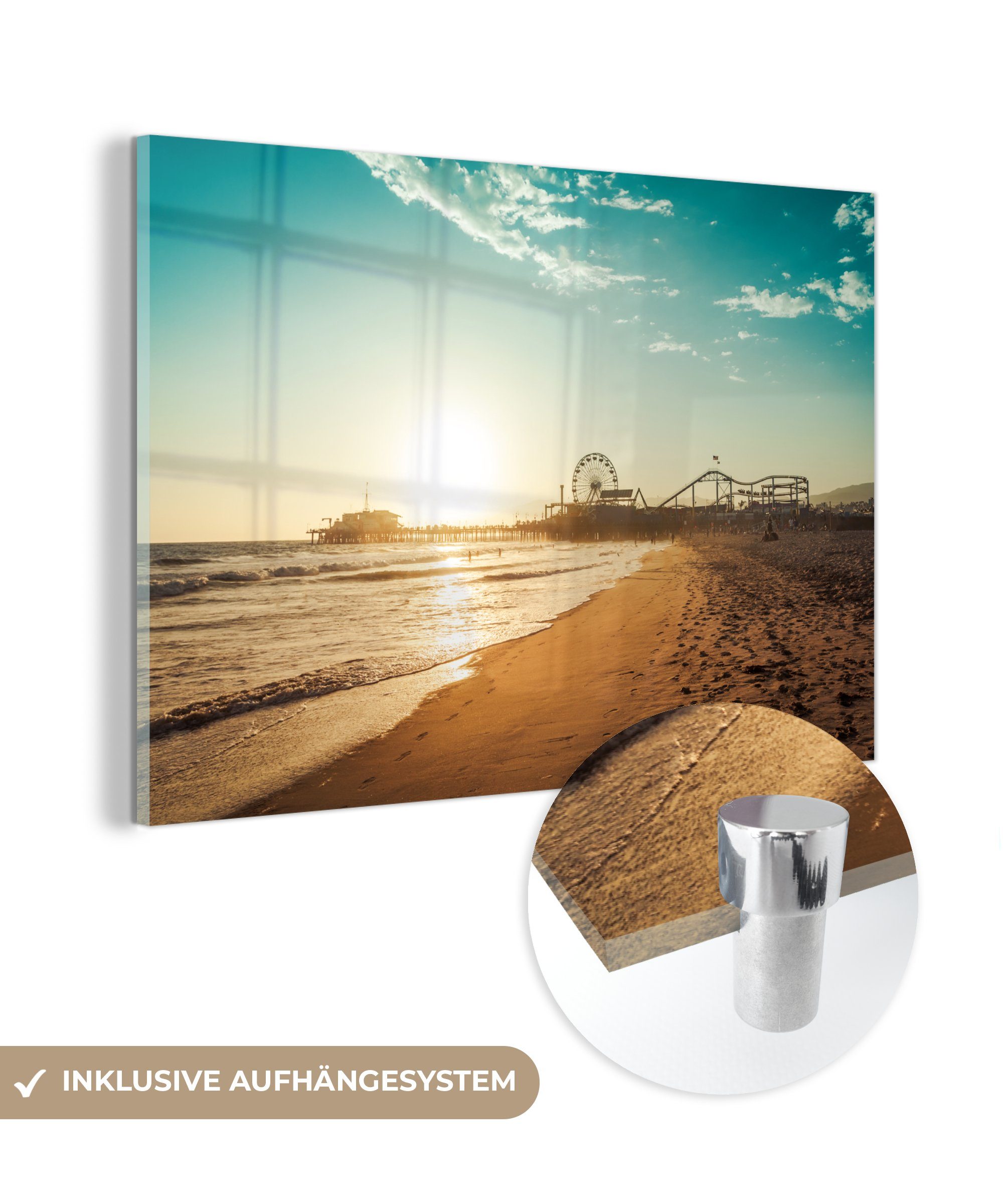 MuchoWow Acrylglasbild Strand - Meer - Sonnenuntergang - Riesenrad, (1 St), Glasbilder - Bilder auf Glas Wandbild - Foto auf Glas - Wanddekoration