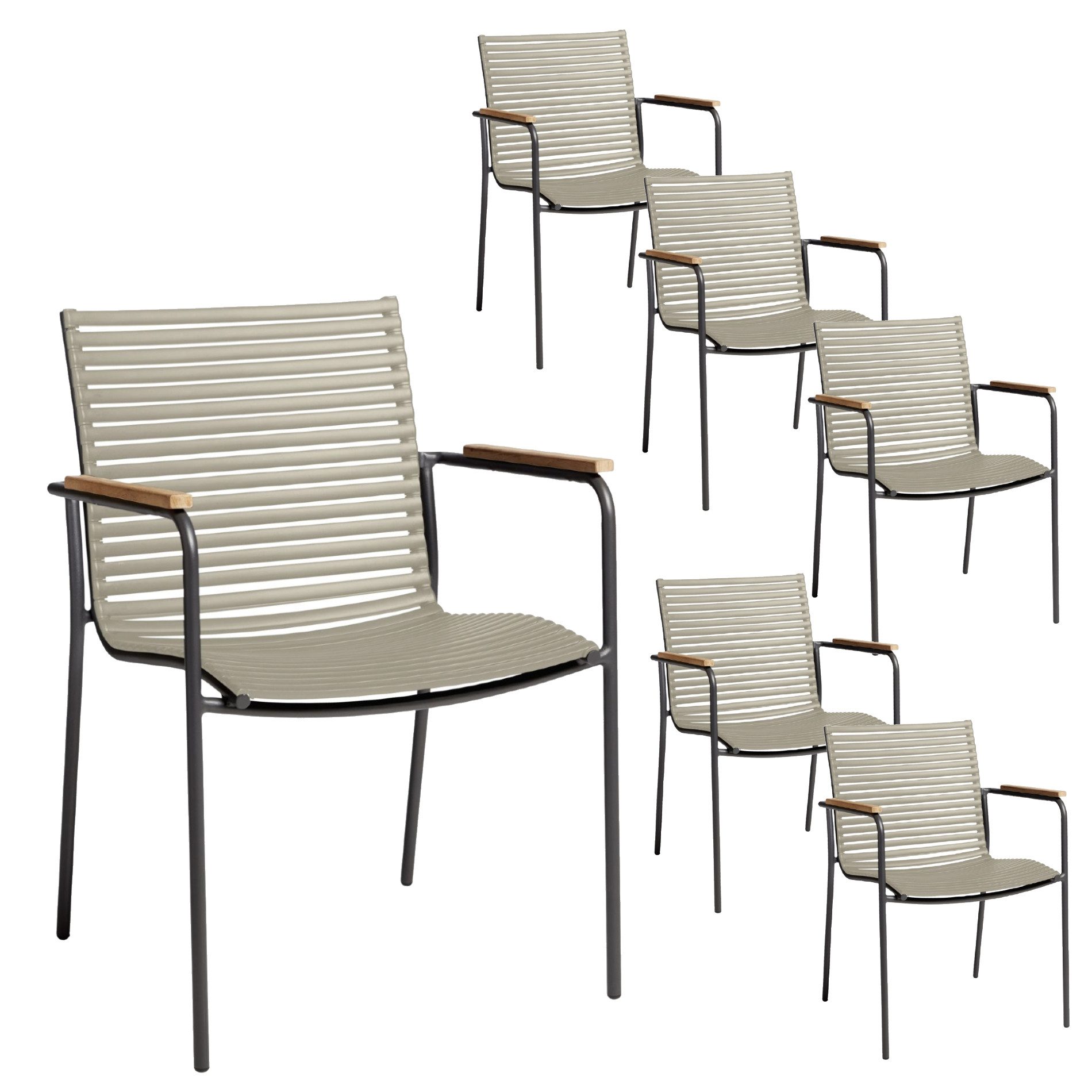 Cinas Gartenstuhl Mood Classic Stapelstuhl, Aluminium, Kunststoff-Lamellen (6er-Stuhl-Set), Armlehnen Teakholz, stapelbar, Lamellen sandy grey