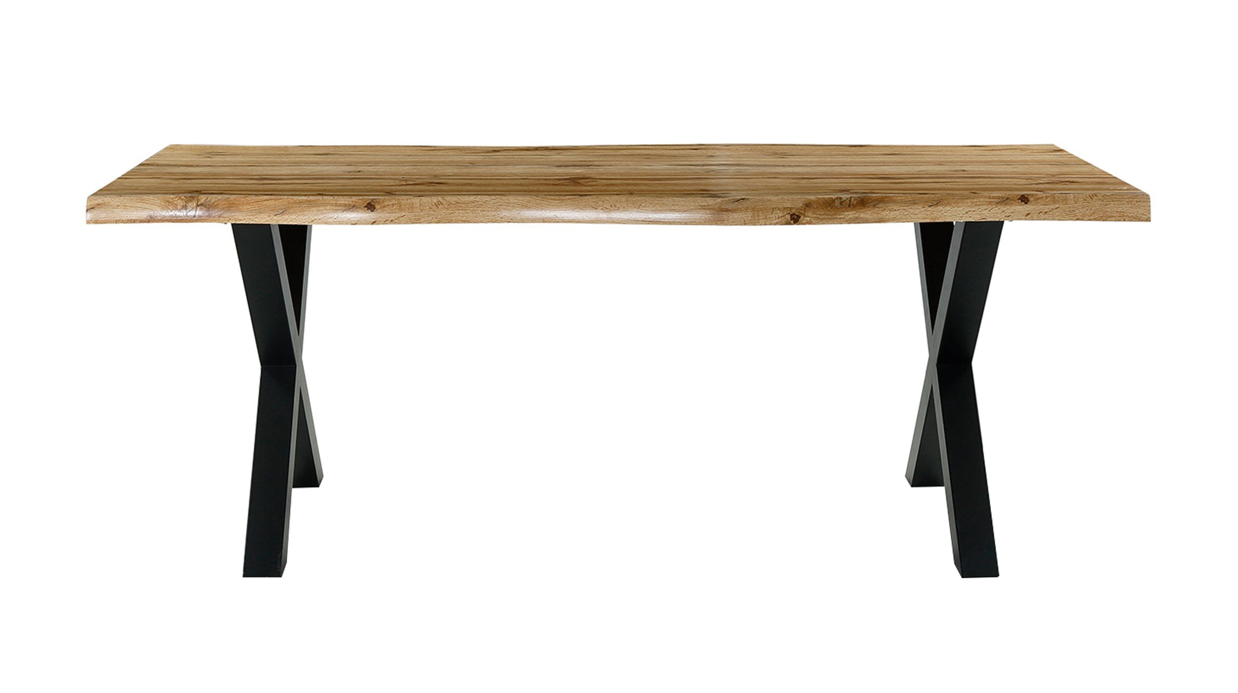 Die Möbelfundgrube® Baumkantentisch MARLON / Baumkantenoptik 160 cm oder 200 cm / Wildeiche, 50 mm Tischplatte / X-Gestell schwarz Metall gepulvert / Industrial
