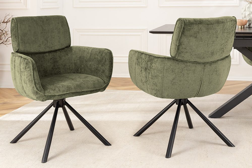 riess-ambiente Drehstuhl UNIQUE grün / schwarz · Esszimmerstuhl aus Chenille mit Metallbeinen (Einzelartikel, 1 St), Armlehnen · 180° drehbar · Rückholmechanik · Sterngestell · Retro