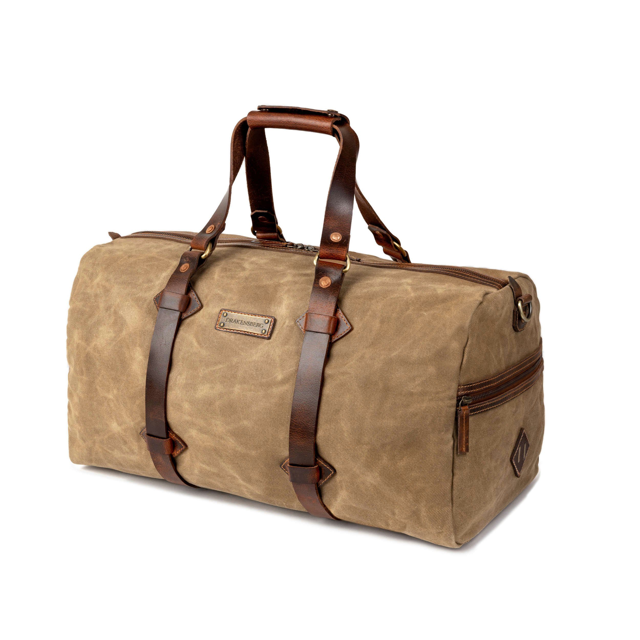 DRAKENSBERG Reisetasche Weekender »Cody« Khaki-Sand, wetterfeste Vintage Sportasche aus gewachstem Canvas und Leder