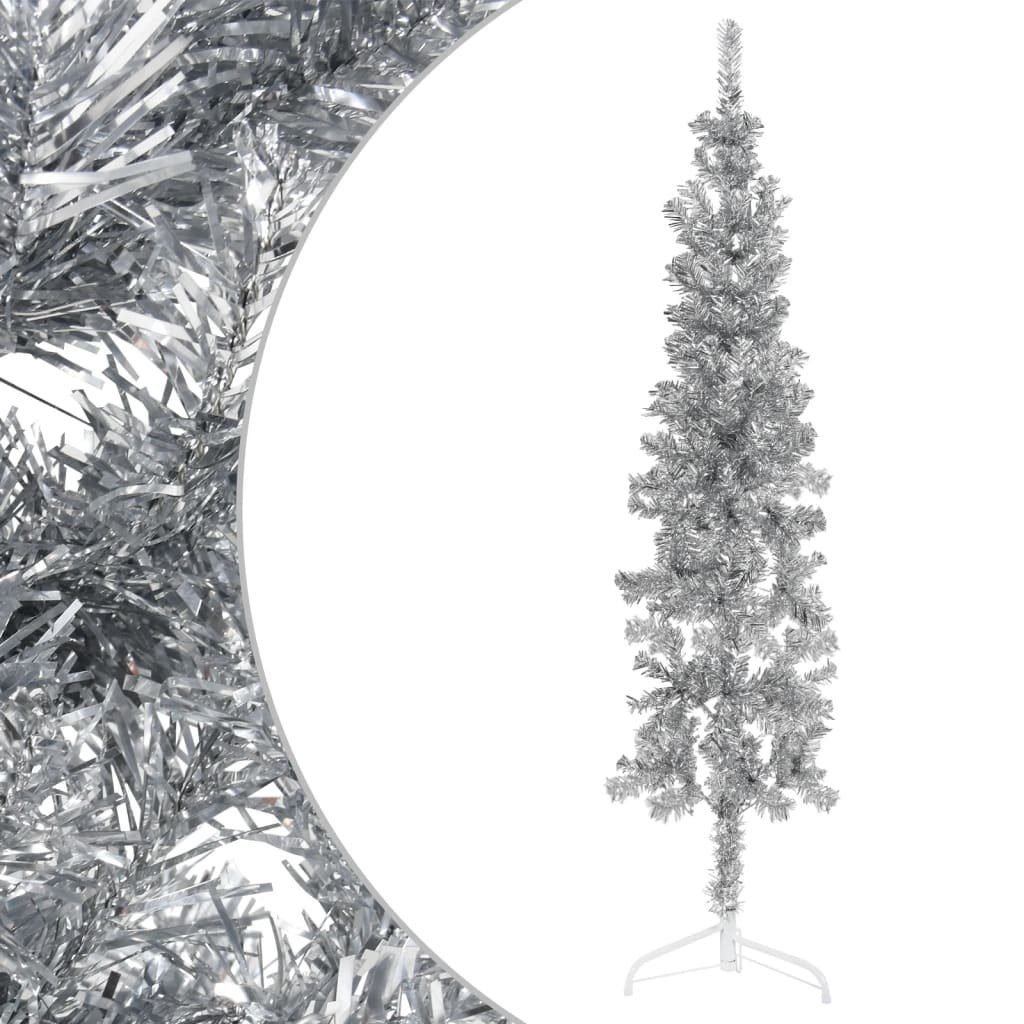 vidaXL Künstlicher Weihnachtsbaum Künstlicher Halb-Weihnachtsbaum Ständer Schlank Silbern 120 cm | Künstliche Weihnachtsbäume