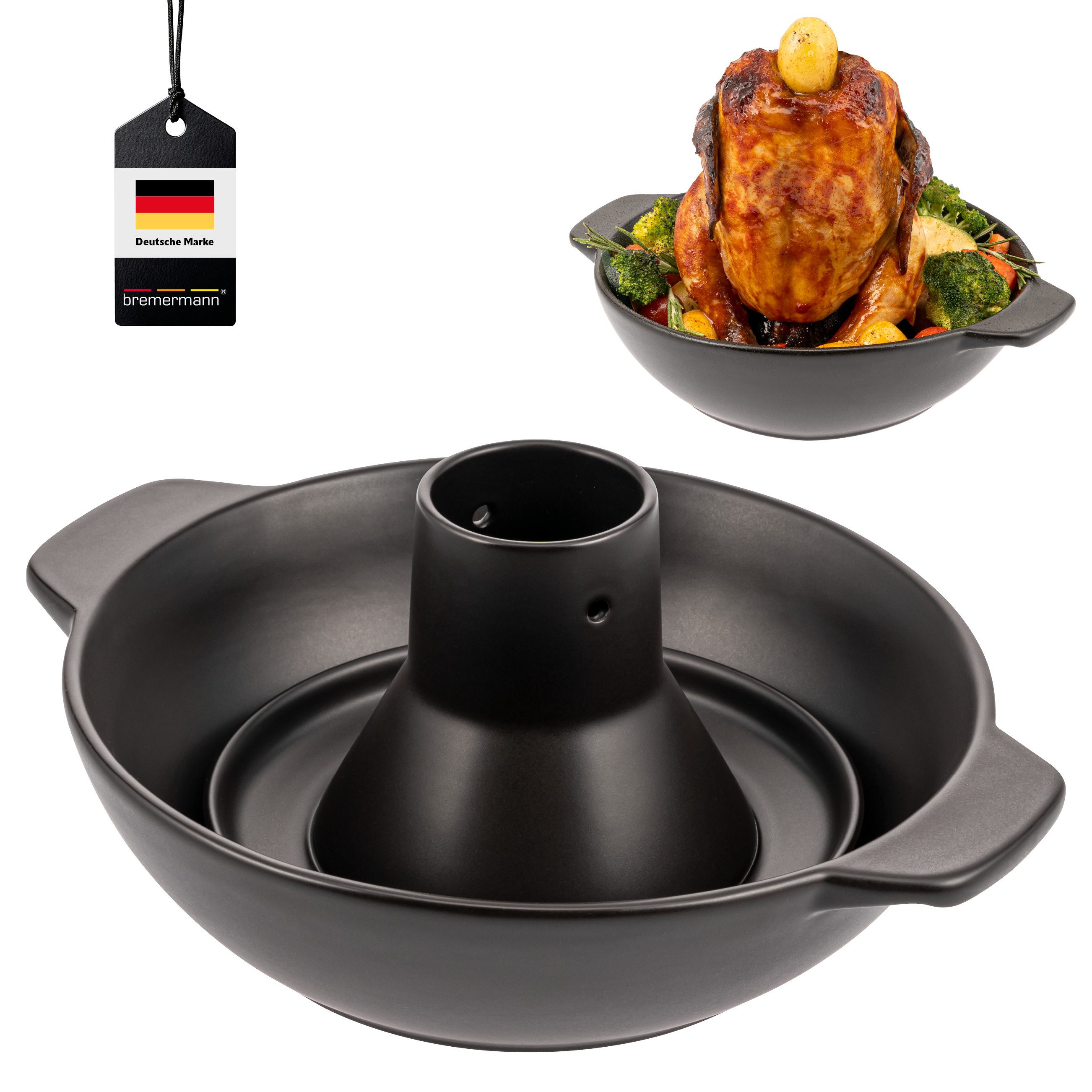 Hähnchenbräter 2in1-Set Hähnchenbräter mit Aromapfanne, Geflügelhalter aus Steingut