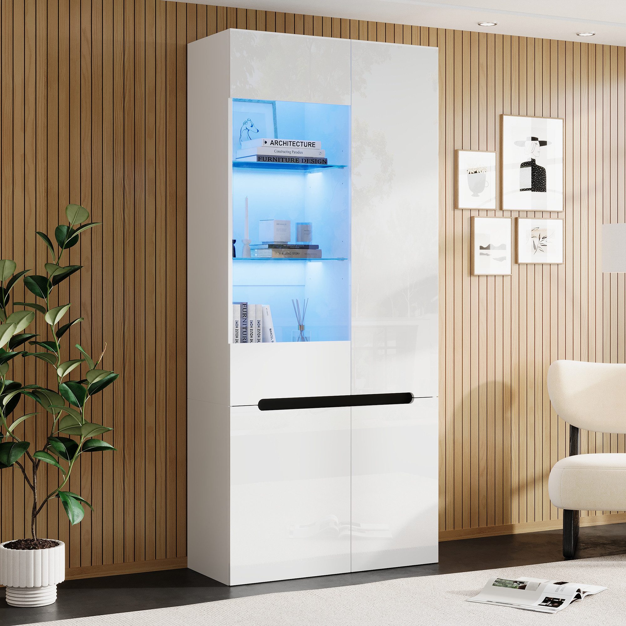 Merax Glasvitrine mit LED-Beleuchtung,Vitrine mit Hochglanzfront,Hochschrank (1-St., 80 × 35 × 180 cm) mit 4 Türen, 8 Fächer, 2 verstellbare Glasböden aus Sicherheitsglas