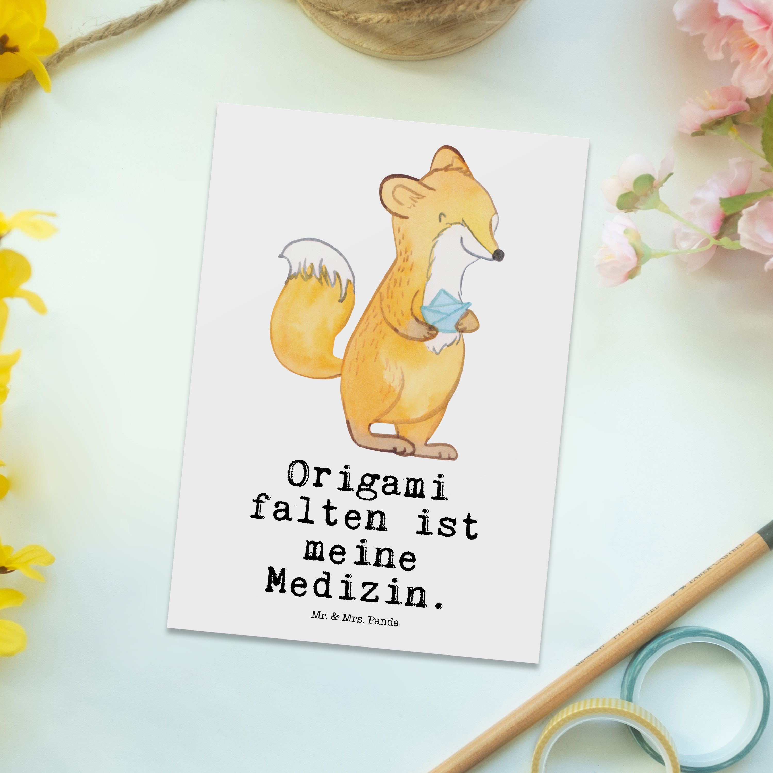 Postkarte Hobby Mr. & Medizin - Origami japanische Geschenk, Panda Fuchs Weiß - Mrs. Faltkunst,