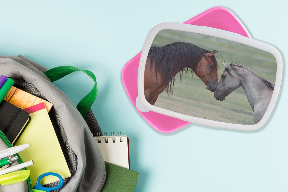 MuchoWow Lunchbox Zwei wilde Mustang-Pferde Snackbox, aneinander, ihre Mädchen, Brotbox Kinder, rosa für Köpfe Brotdose Kunststoff, Erwachsene, (2-tlg), legen Kunststoff