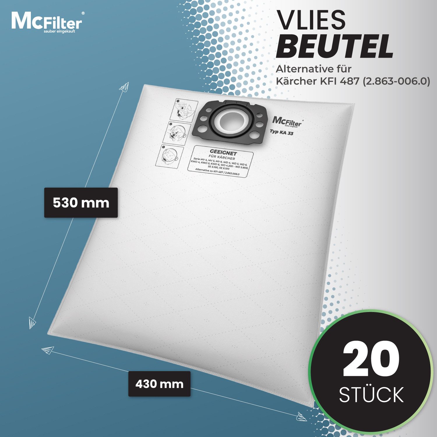 McFilter Staubsaugerbeutel (20 Stück) geeignet für Kärcher 2.863-006.0, KFI 487 Staubsauger, passend für WD4, WD5, WD6 P Premium, SE 5.100, SE 6.100, KWD4, KWD5, KWD6, 20 St., wie 2.863-006.0, für Nass-/Trockensauger, Kunststoffdeckscheibe