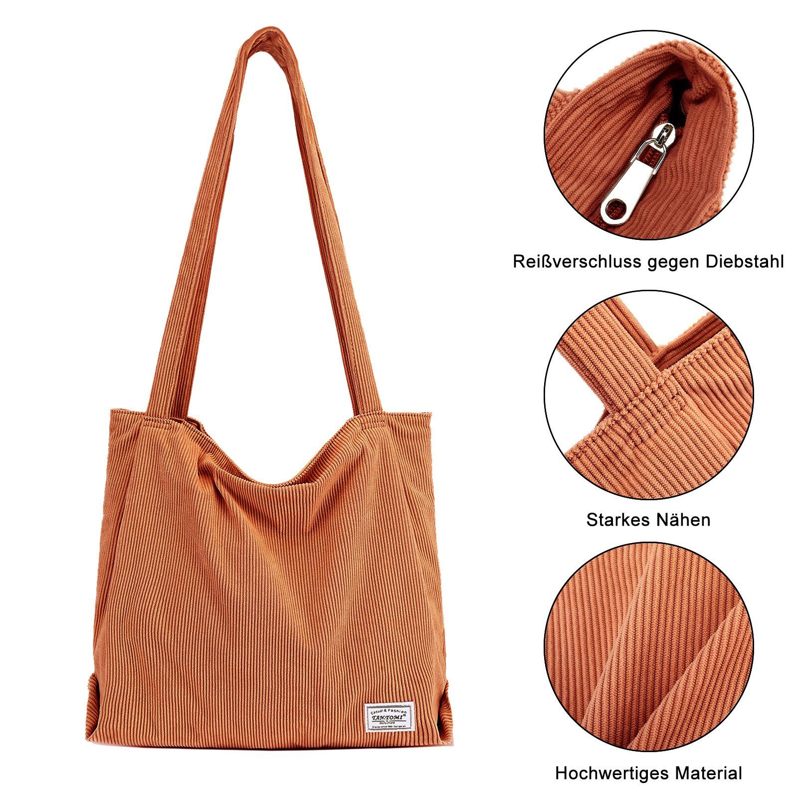 TAN.TOMI Henkeltasche Handtasche, mit Reißverschluss-Einkaufstasche Cordtasche Damen, Tasche Hellbraun Damenhandtasche