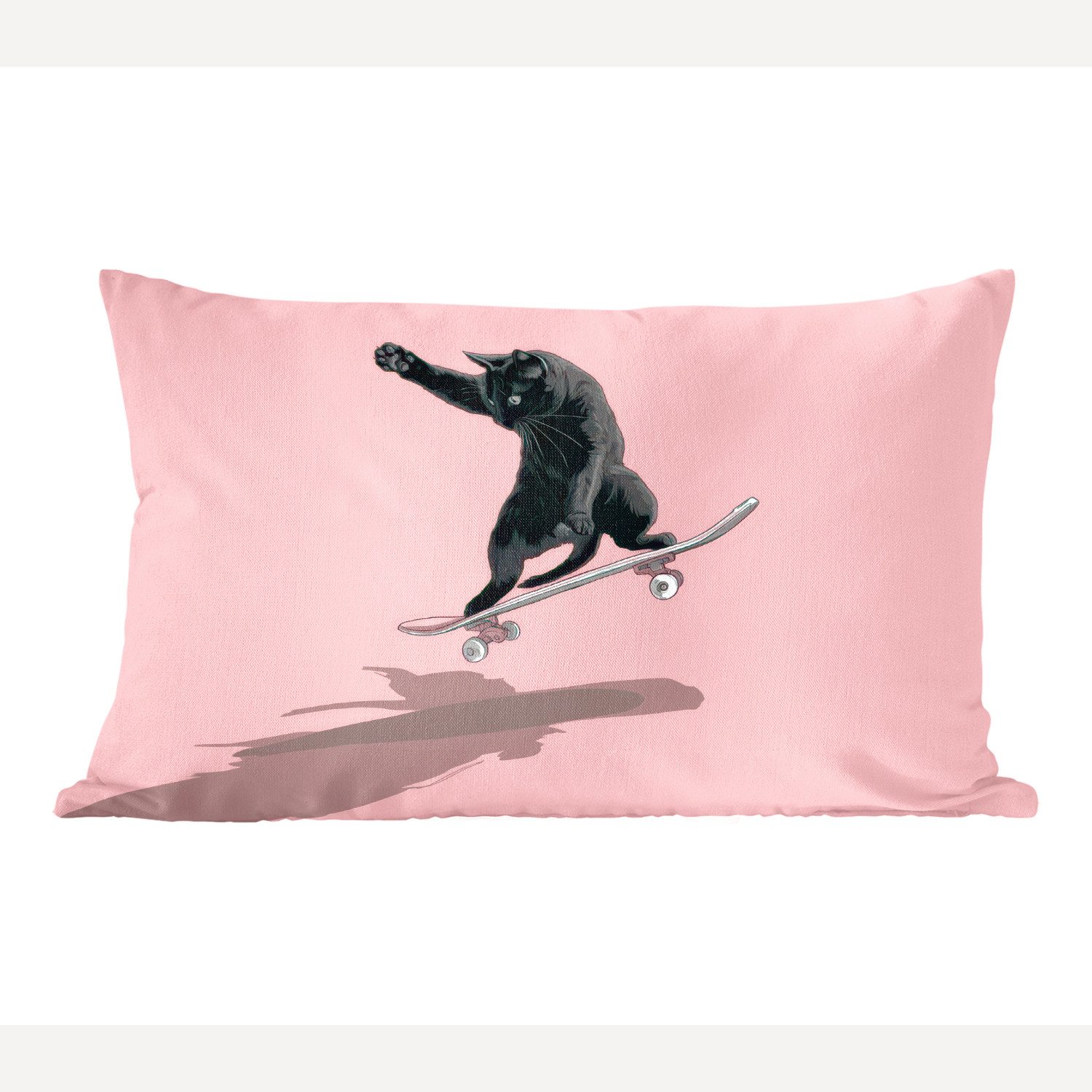 MuchoWow Dekokissen Katze - Skateboard - Rosa, Dekoration, Zierkissen, Kissen mit Füllung, 50x30 cm