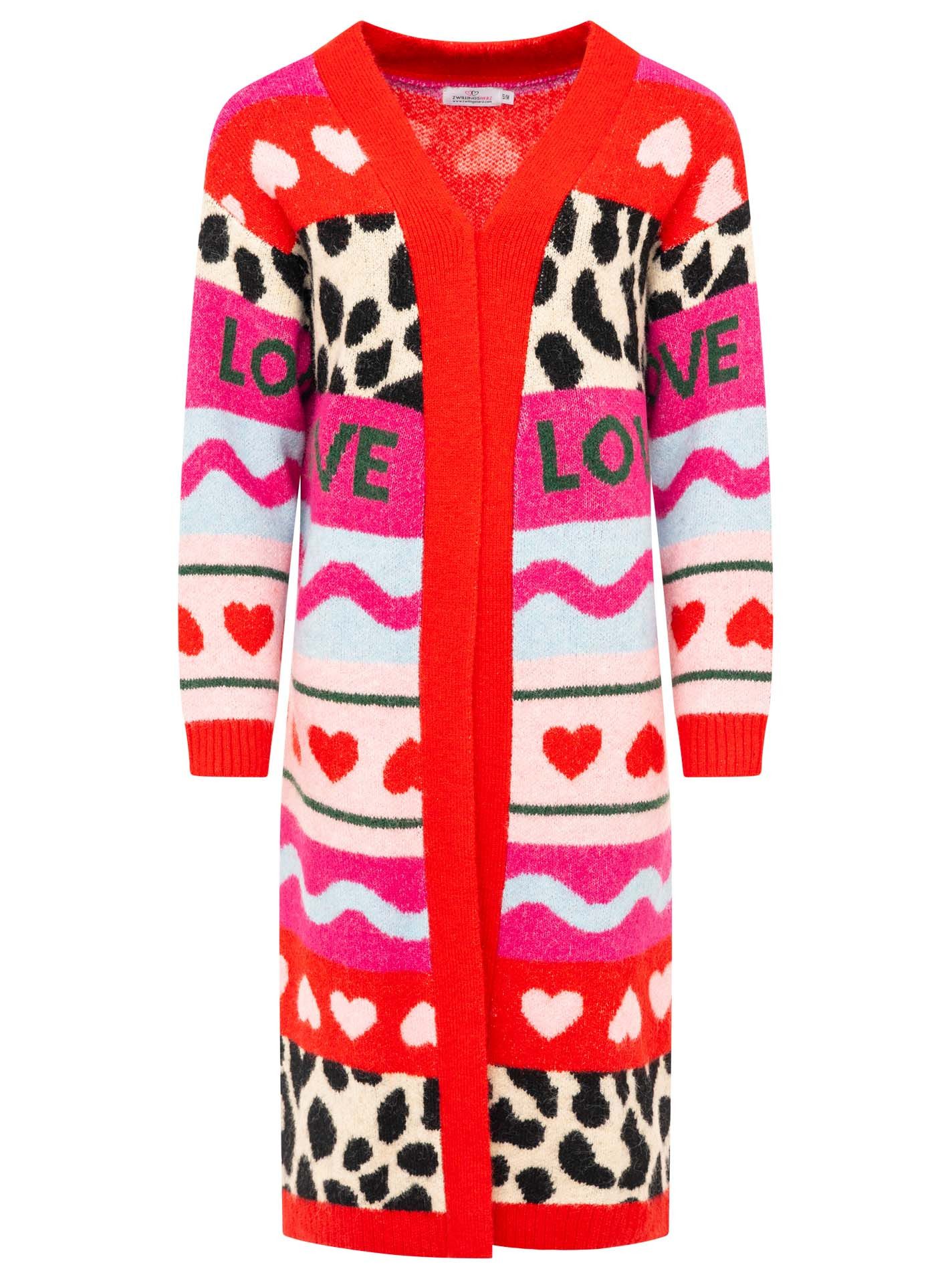 Zwillingsherz Cardigan "LEO MIX" Leomuster, lang geschnitten, Schriftzug und Mustermix, Strick