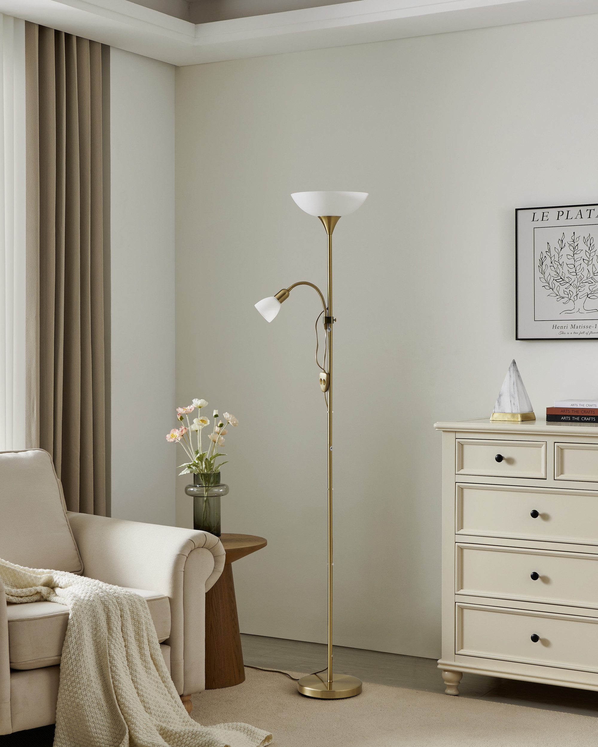 EGLO Stehlampe UP 2 Stehlampe - Stahl - E27;E14 - 1X60W;1X18W - IP20, Ein-/Ausschalter, Lesearm, ohne Leuchtmittel, Standleuchte, Leselampe, Wohzimmer, Schlafzimmer, H176,5 x Ø27,5 cm