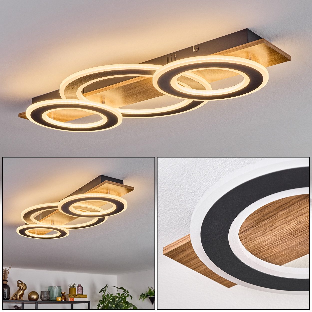hofstein Deckenleuchte Deckenlampe aus Metall/Kunststoff in Schwarz/Holzoptik/Weiß, ohne Leuchtmittel, im modernen Design, 50 Watt, 4700 Lumen