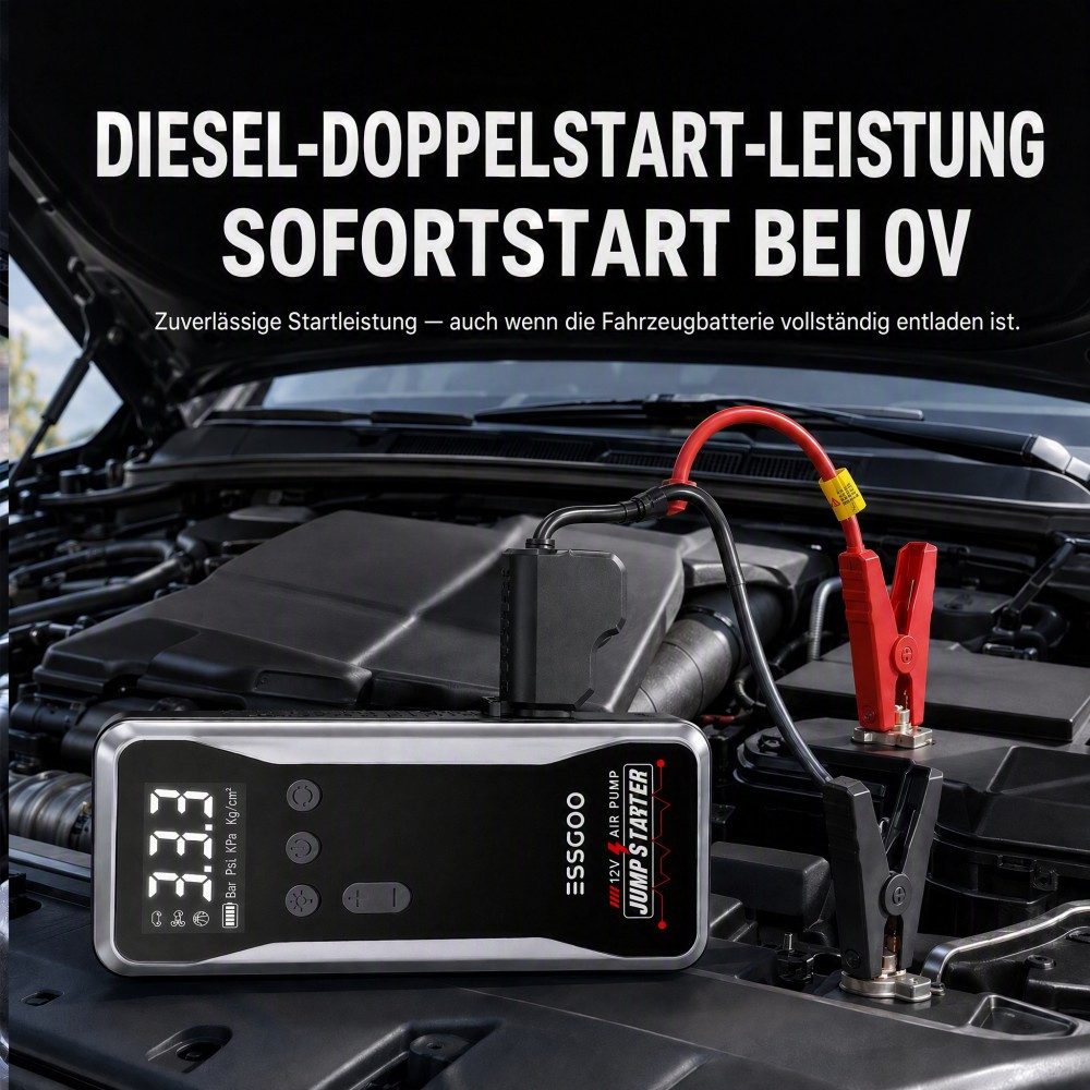 ESSGOO 5000A 12V Auto Starthilfe Powerbank 150PSI Kompressor Starthilfegerät Autobatterie-Ladegerät (18000mAh, LED-Leuchte, 9L Benzin Oder 8L Diesel, -20°C bis  – Bild 3 von 5