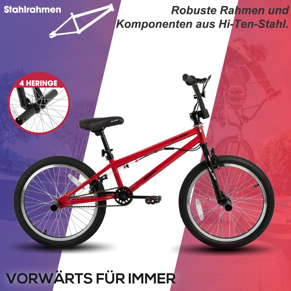 HILAND Kinderfahrrad Redeem 20 Zoll 3 Multiple Speichen BMX für Jungen ab 7-10 Jahre, 1 Gang, Reflektorplatte, Single Speed, 4 Pegs