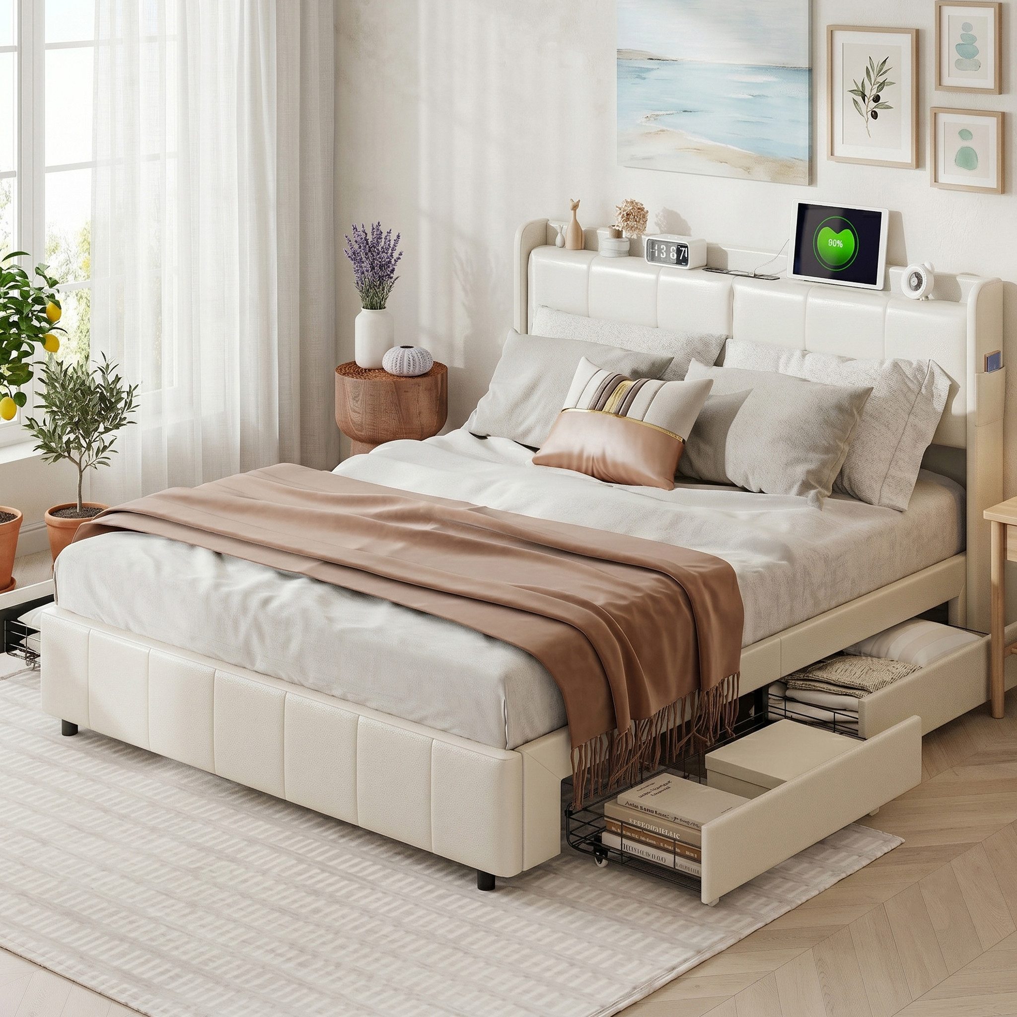 zebery Stauraumbett Polsterbett Doppelbett Mit 4 Schublade (Packung, 1-tlg), 160x200 cm,Mit USB,Kopfteil und Bettgestell,Kunstleder,Weiß