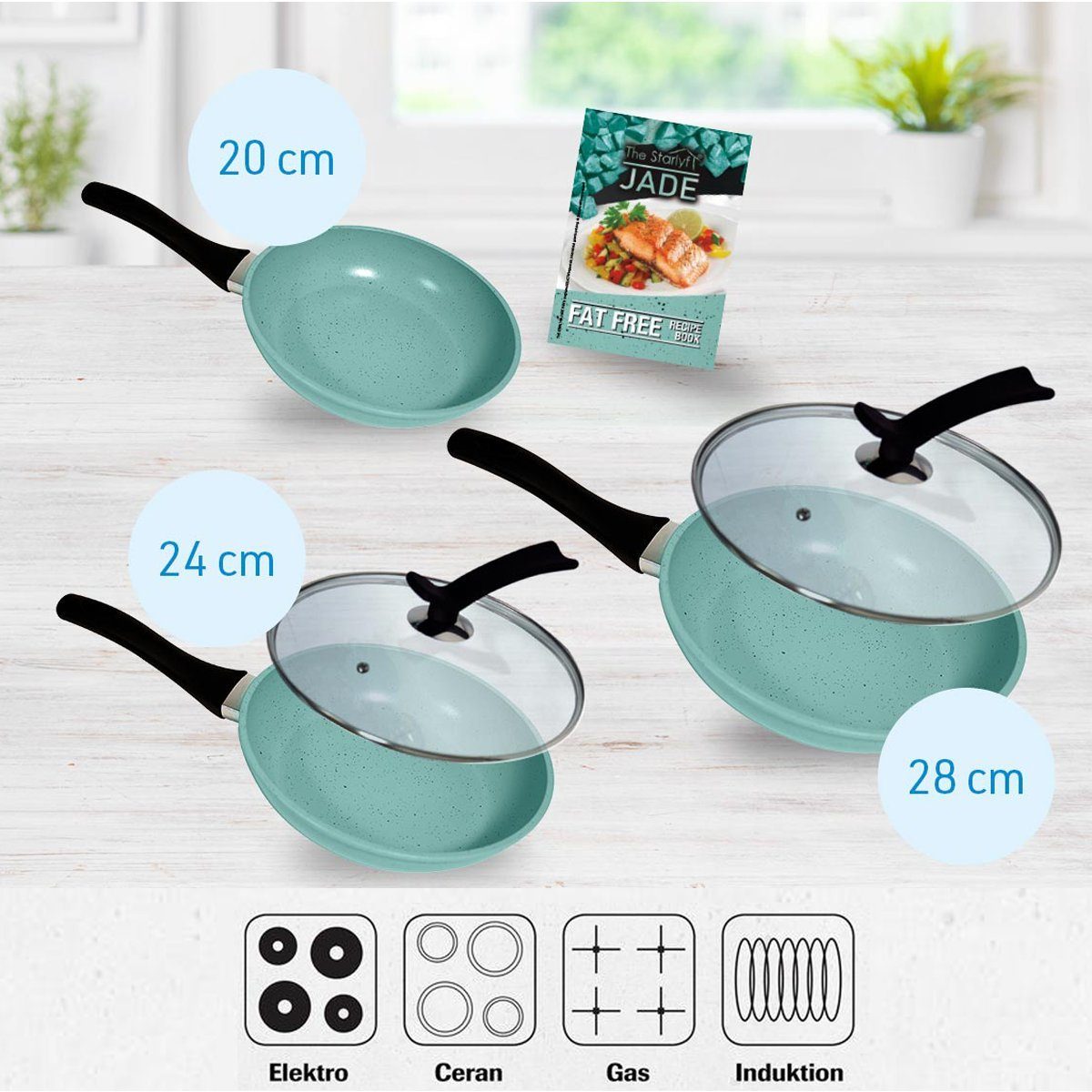 Starlyf Pfannen-Set Jade Pan Set, Aluminium (Starter-Set, 5-tlg., 3 Pfannen, 2 Glasdeckel), Innovativer Deckelgriff zum abstellen