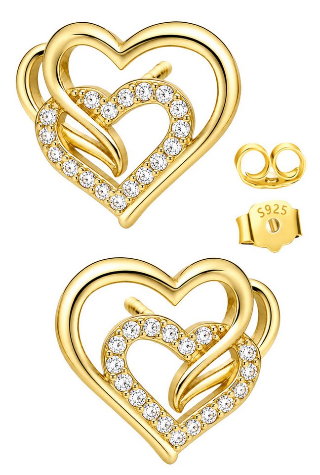Limana Paar Ohrstecker mit Herz Damen Ohrringe 925 Silber vergoldet Zirkonia Geschenk (Freundin Frau Ehefrau Mama Schmuck inkl. Dose), Jahrestag Geburtstag Hochzeitstag Weihnachten Valentinstag Muttertag