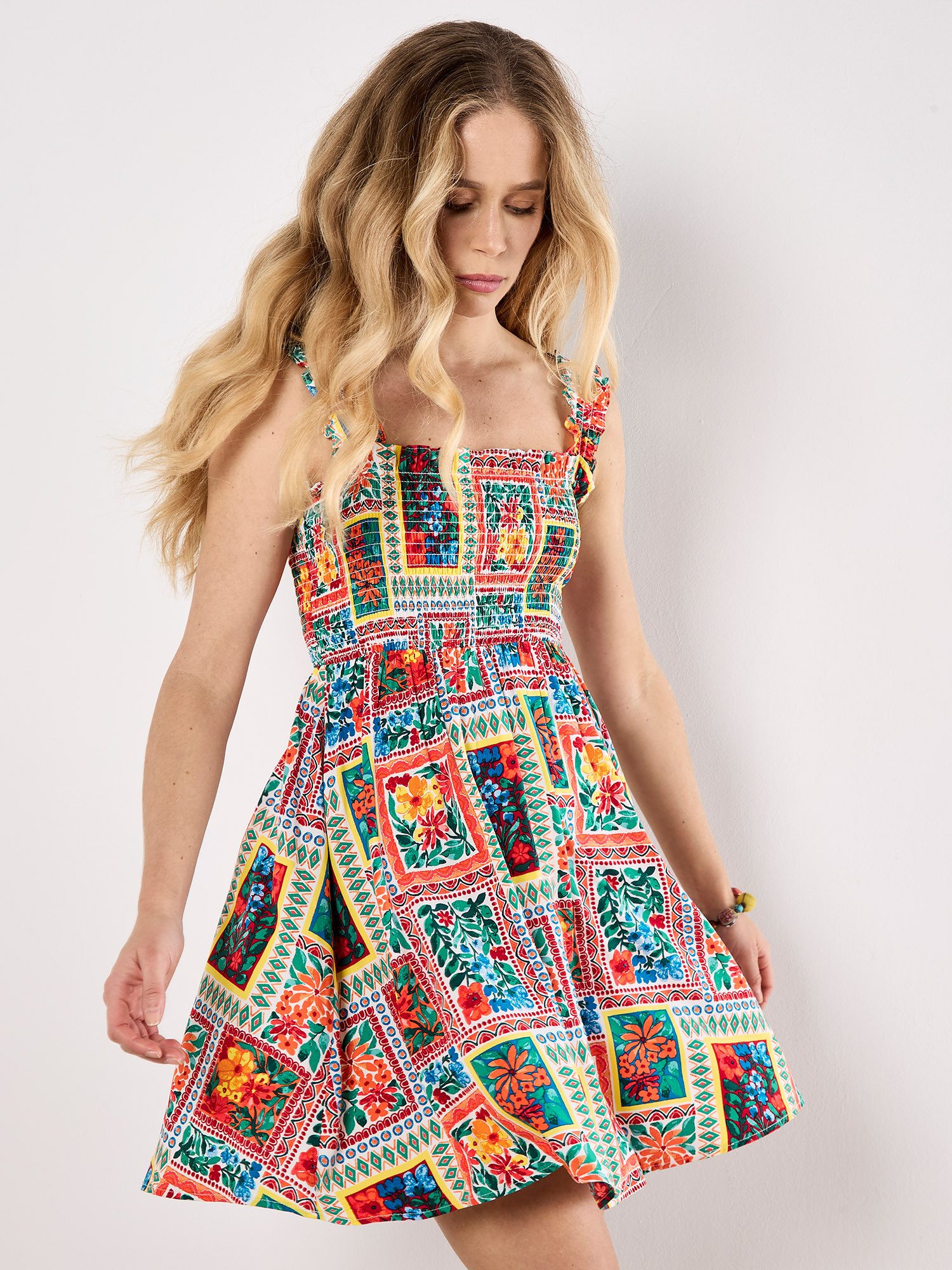 Apricot Minikleid Smokkleid, mit Blumendruck günstig online kaufen