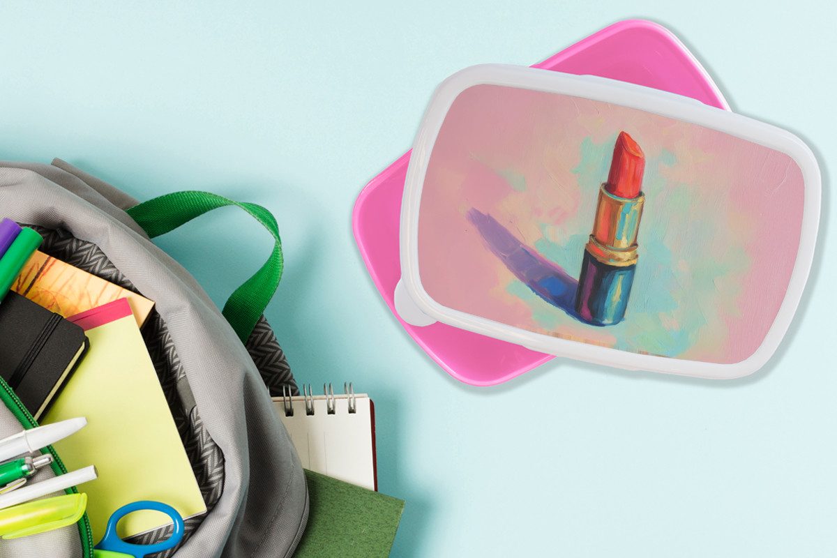MuchoWow Lunchbox Lippenstift - Rot - Pinselstriche, Kunststoff, (2-tlg), Brotdosen, Lunch Box, Brotbox für Kinder und Erwachsene