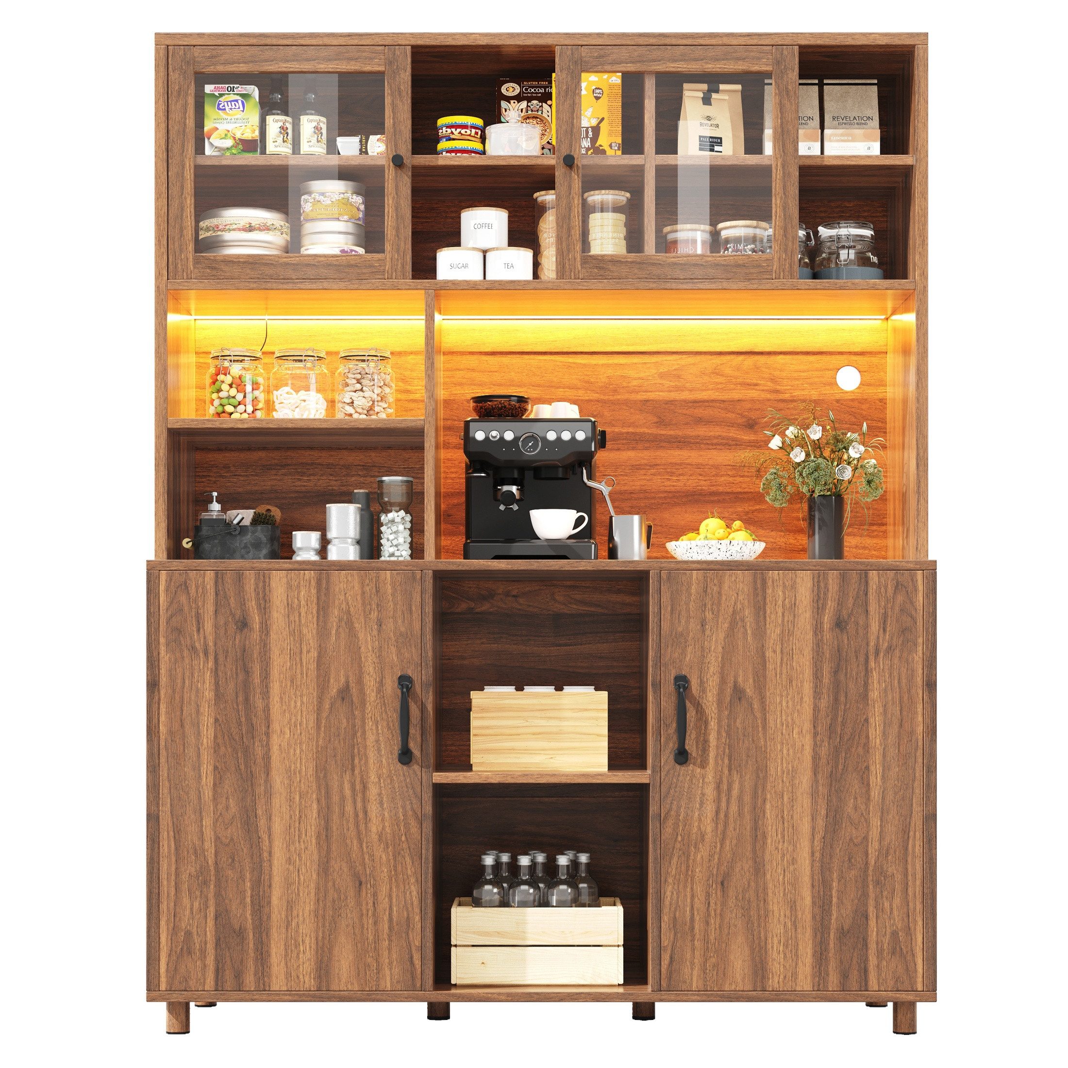 autolock Küchenbuffet Küchenschrank mit LED-Beleuchtung Hochschränke Buffetschrank (140×40×185cm Schranktür mit Snackablage) Sideboard Esszimmerschrank Schränke, Retro-Stil, Walnussfarbe
