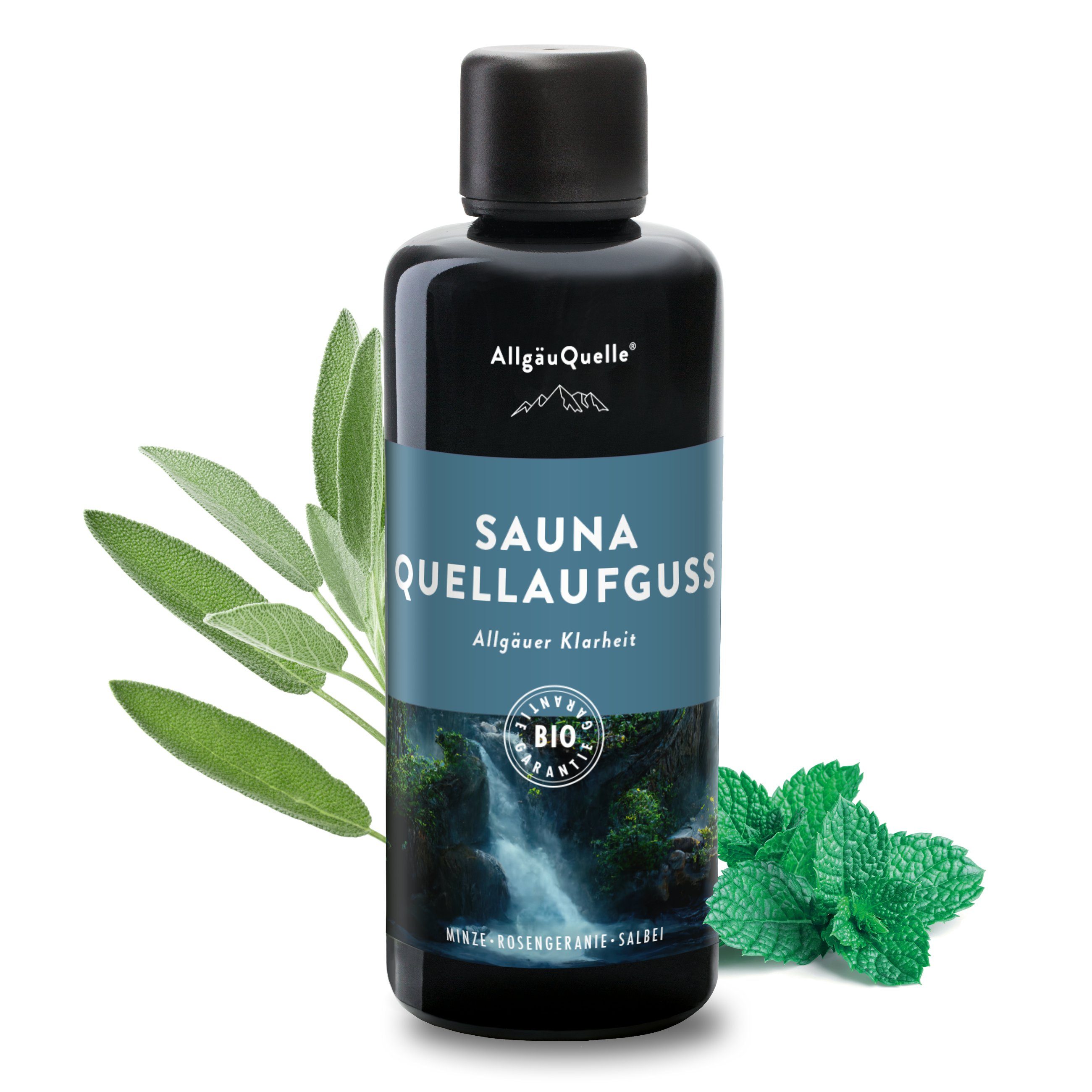 Allgäuquelle Sauna-Aufgussset BIO Saunaaufguss Quellaufguss Saunaduft (1 x 100ml) mit Minze, Rosengeranie und Salbei