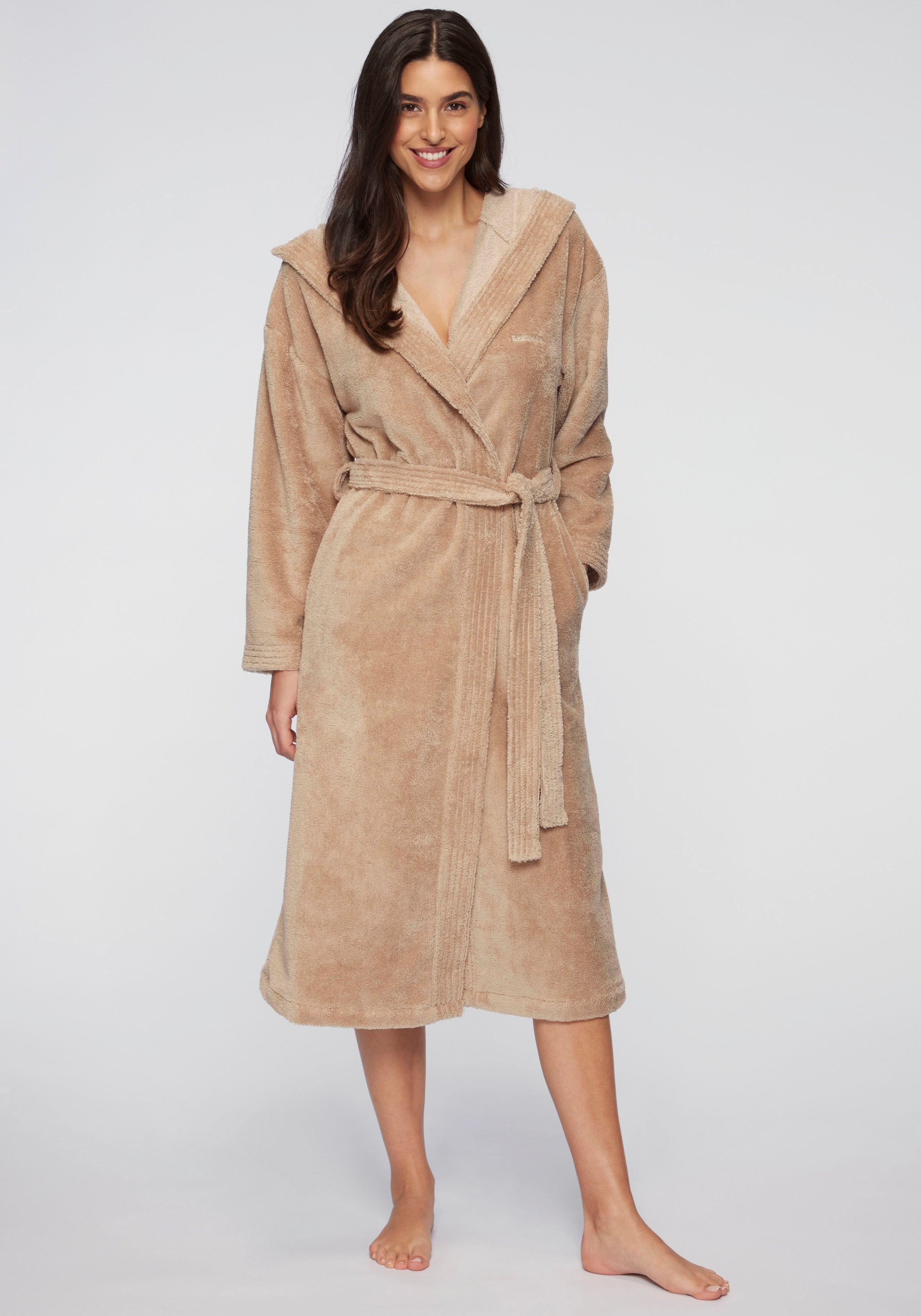 LASCANA Bademantel, Midilänge, Baumwolle, Kapuze, Gürtel. € 99,99