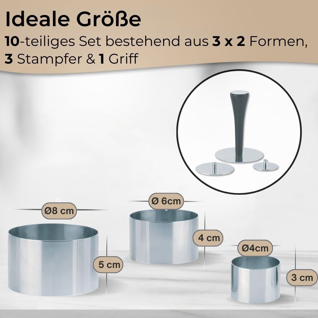 Topanbieter999 Speisering Edelstahl 10-teilig, Profi Speisenringe Ø 4/6/8 cm, mit Presse & Griff, Edelstahl – Bild 3 von 5