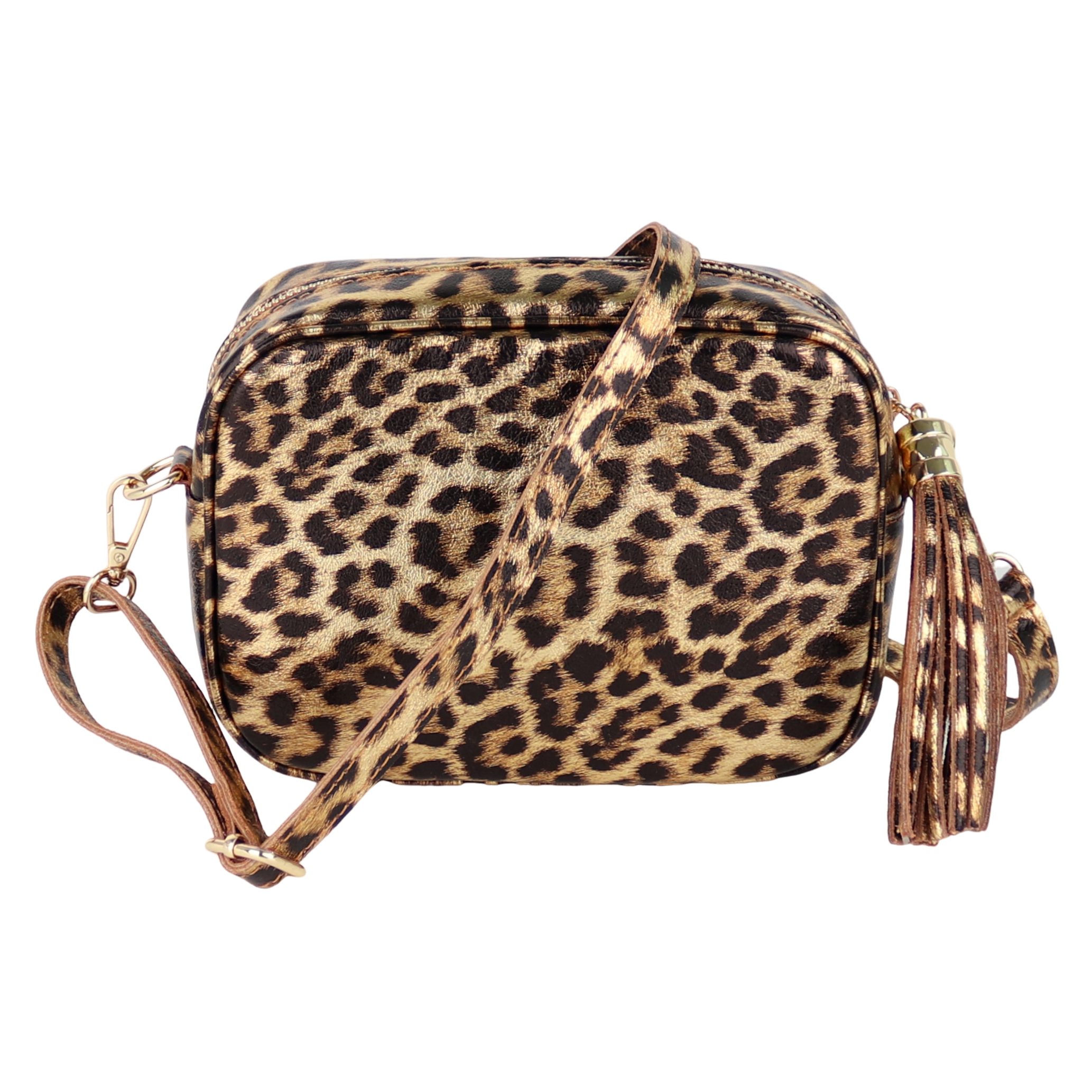 MIRROSI Umhängetasche Damen klein Crossbody Bag, Echtleder made in Itlay (20x15x7cm), Karabiner und Reißverschluss in Goldoptik), Leo-Muster oder Wildleder