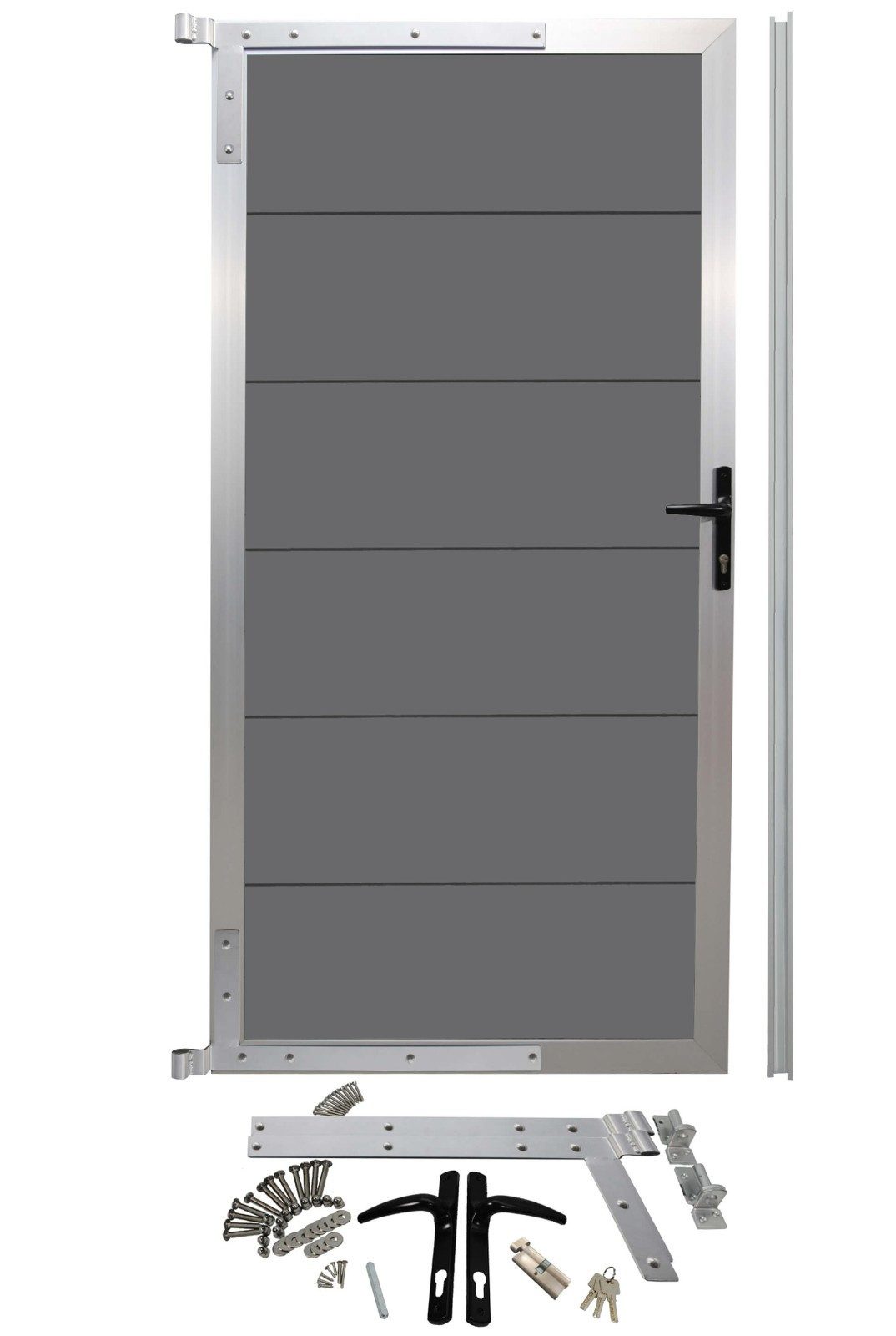WPC Profi Zauneinzeltür XL Paneel Zaun Garten Gartentor Anthrazit (beidseitig) 90 X 183 cm, (Komplettset, mit Befestigung, Schloss, Anschlagschiene)