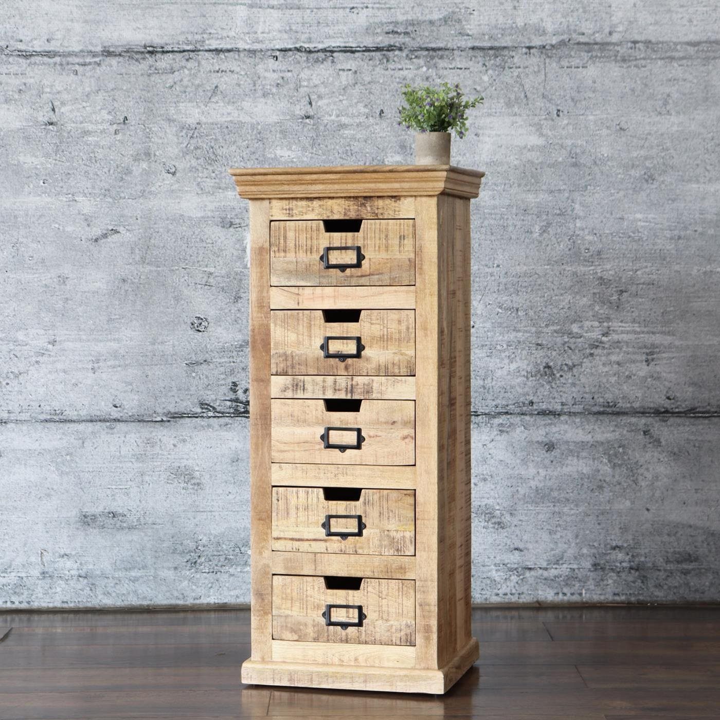 baario Highboard Schubladenkommode SELCE Vintage, Kommode 5 Schubladen schmal hoch massiv rustikal klein Flur