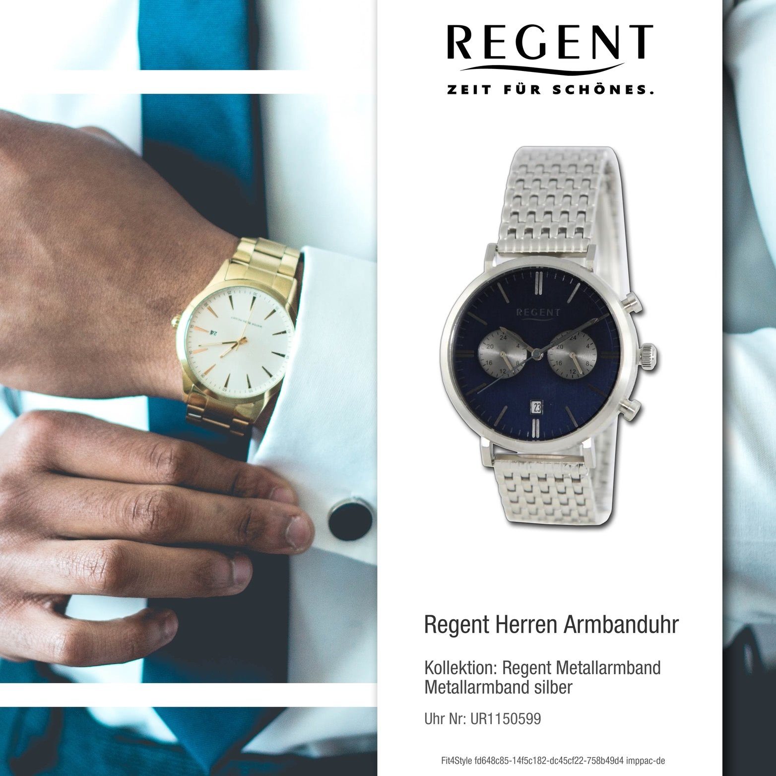Regent Quarzuhr silber, Metallarmband extra Armbanduhr Herren rundes Herrenuhr groß Gehäuse, (ca. Analog, 41mm) Regent