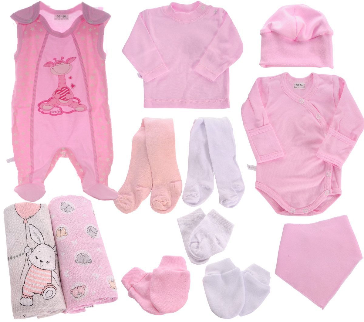 La Bortini Erstausstattungspaket Baby Set 12 Teile Body Strampler Strumpfhosen Shirt Socken Latz (Geschenk zur Geburt, im Box, für Frühchen, Mädchen, Babys, Bekleidung für Neugeborene) Geschenk Set für Neugeborene, 44 50 56 62 68 aus Baumwolle