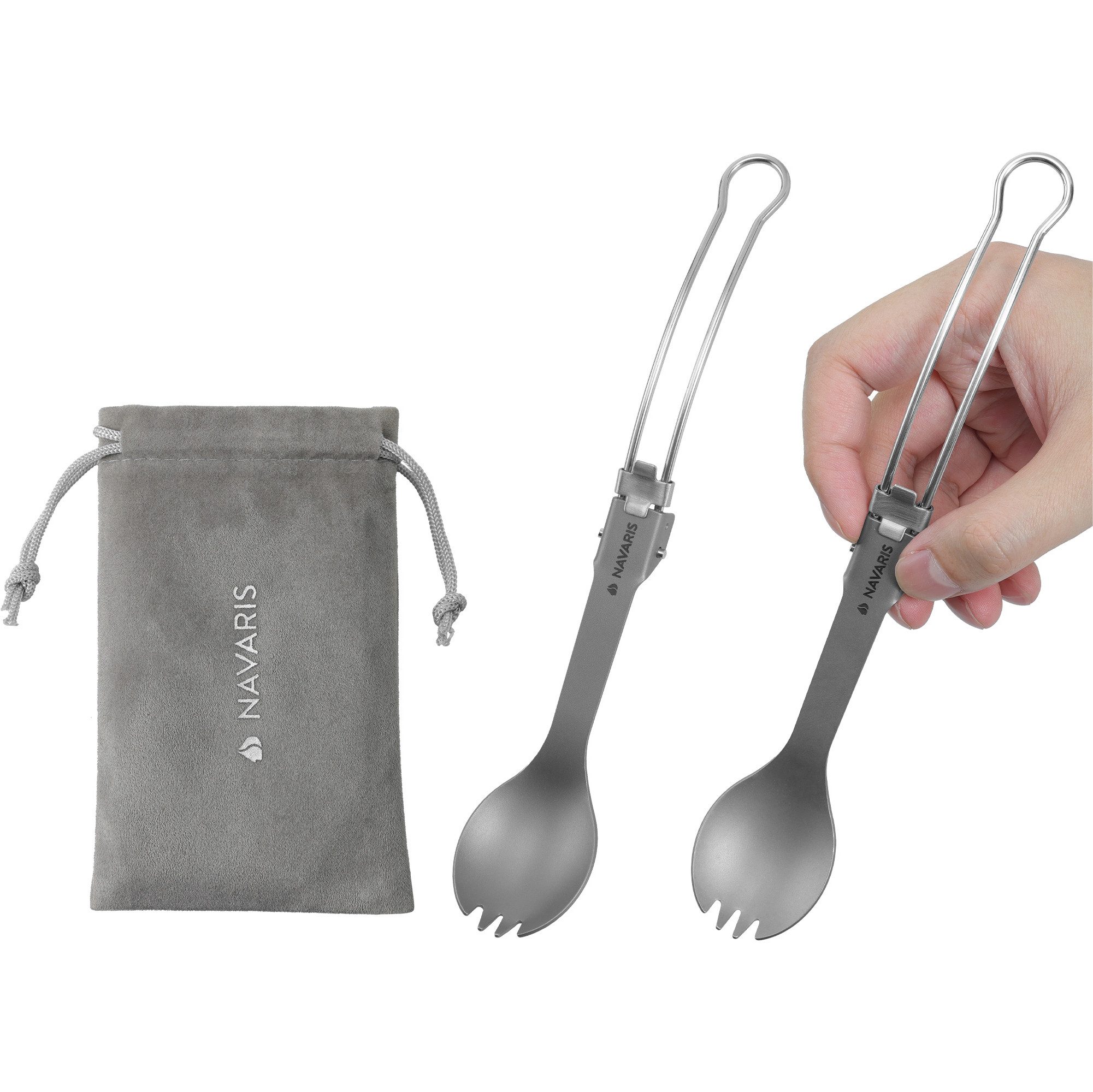 Navaris Besteck-Set 2x Titan Göffel mit langem Griff Essbesteck Ложки Set klappbar (2-tlg), Titan, Titan und Edelstahl Spork Set Outdoor Besteck Camping