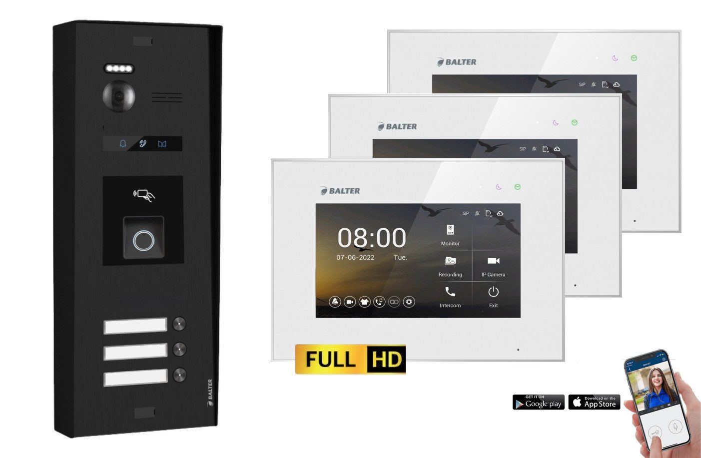 Balter Video-Türsprechanlage BALTER EVO-HD Aufputz Türsprechanlage 3-Familienhaus Schwarz Weiß (Set, 3-Familienhaus, Komplettset, Full HD 175° Kamera, Fingerprint, RFID)