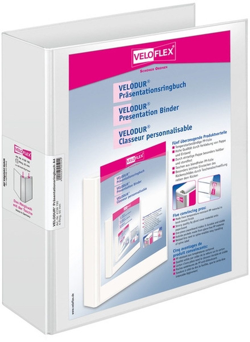VELOFLEX Präsentationsordner Ringbuch Velodur A4 PP kaschiert 4-D-Ring-Mechanik 50mm weiß