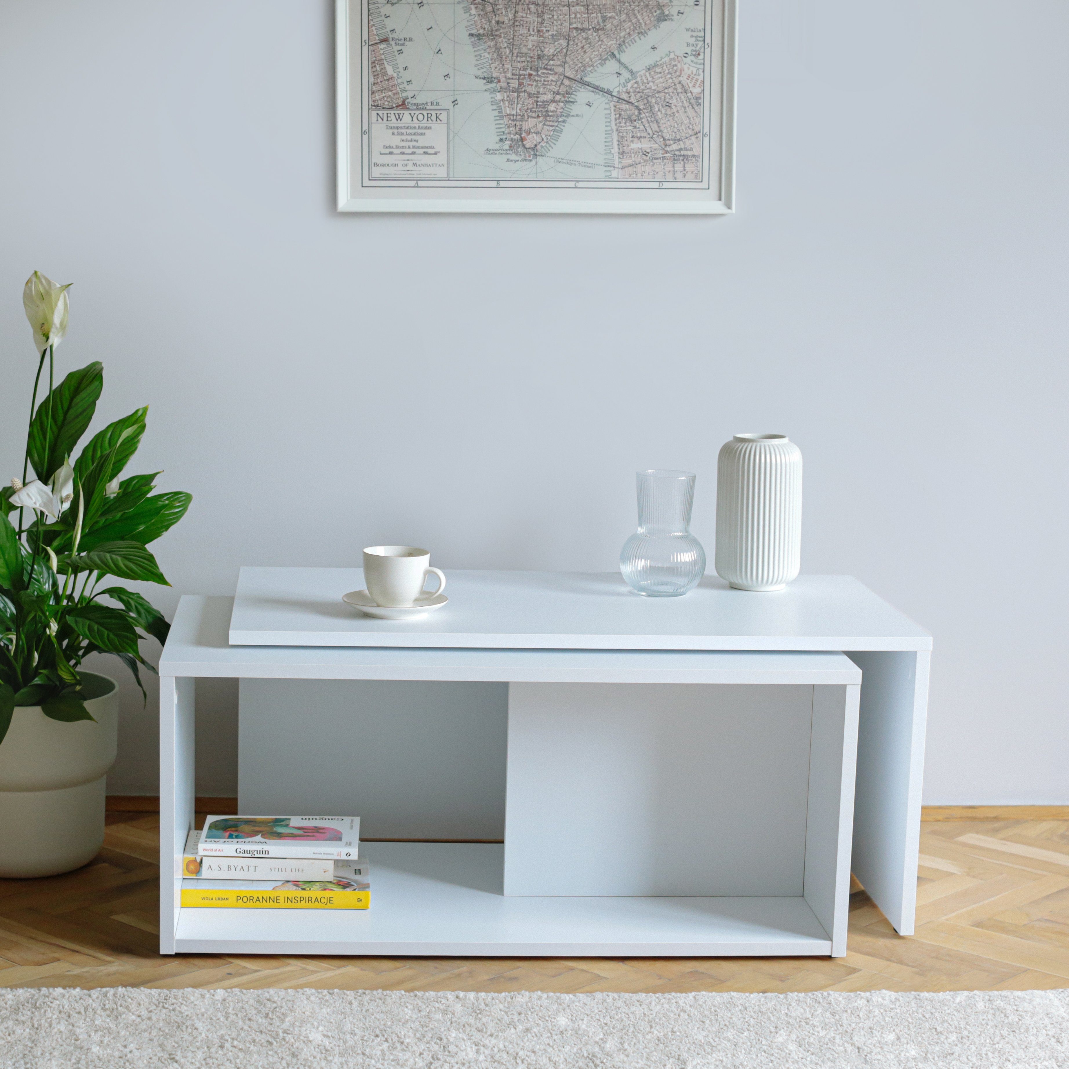 modern, Set), Satztisch Weiß mit Platan Stauraum, Room (2er Sofatisch 90x48x40 cm Wohnzimmertisch Kaffeetisch Couchtisch
