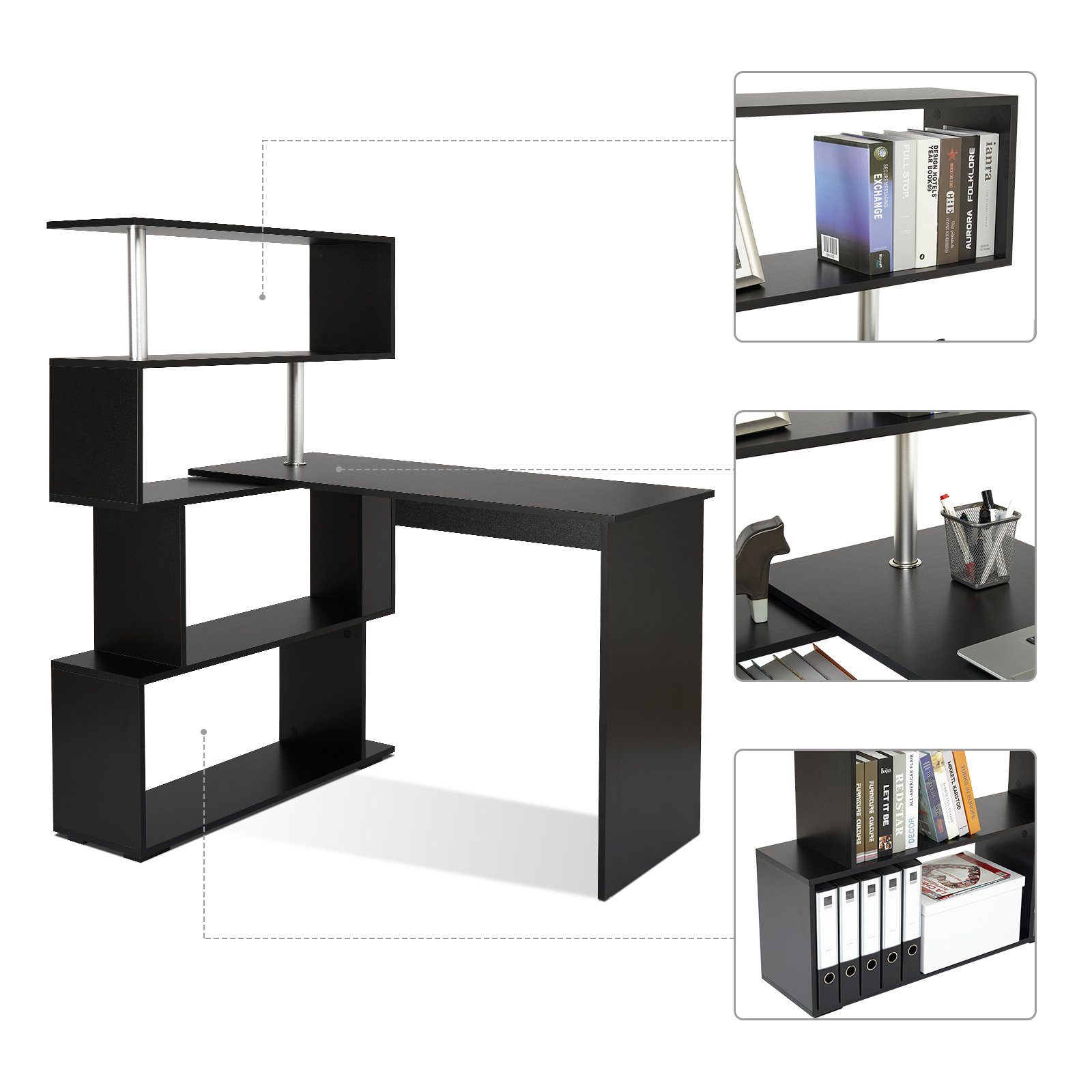 drehbarer Regal Mondeer Computertisch, mit Schwarz Schreibtisch, Eckschreibtisch