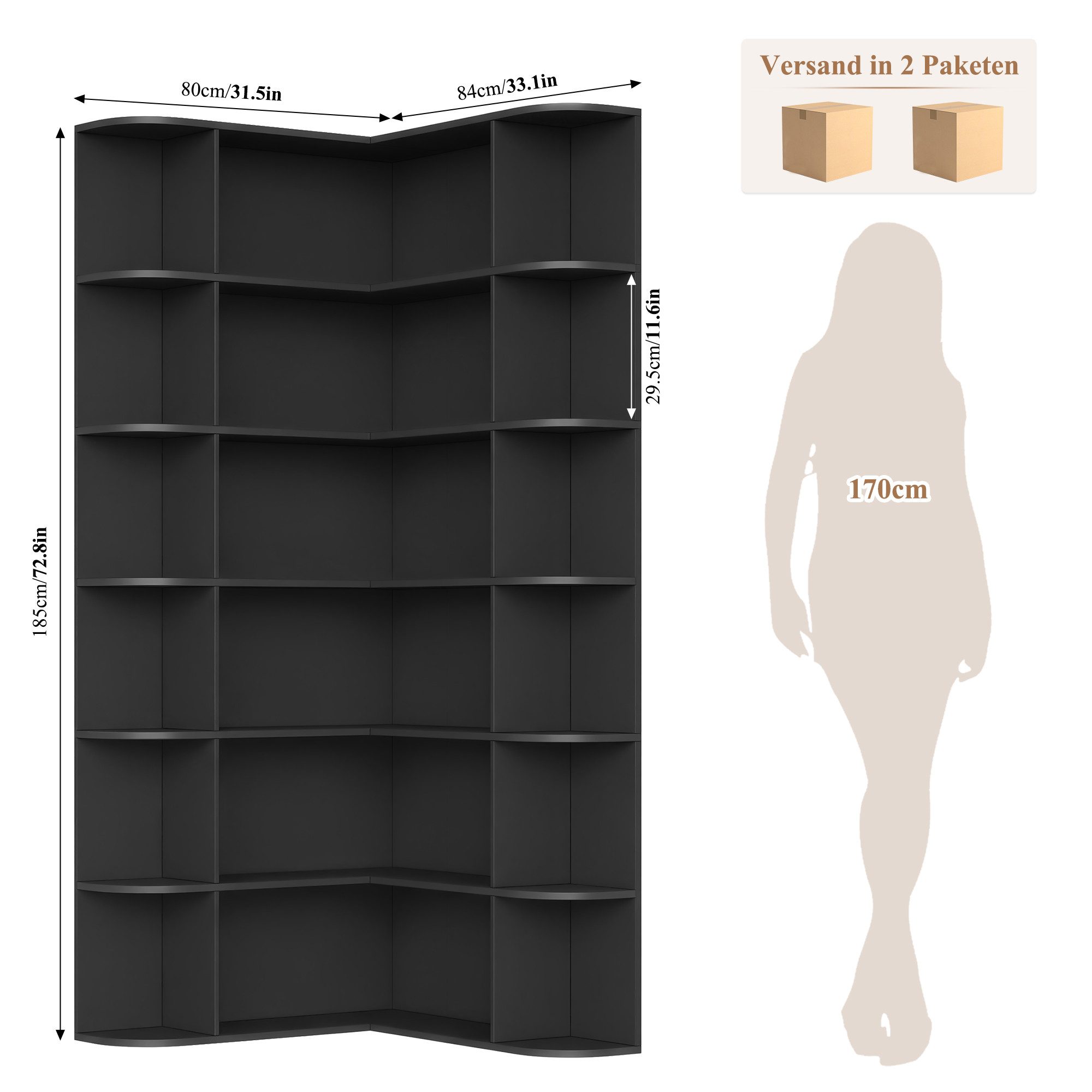 Homfa Bücherregal 185 cm Eckregal Bücherschrank Eckbücherregal, Standregal L-förmiger Eckschrank 80 x 84 x 185 cm, schwarz