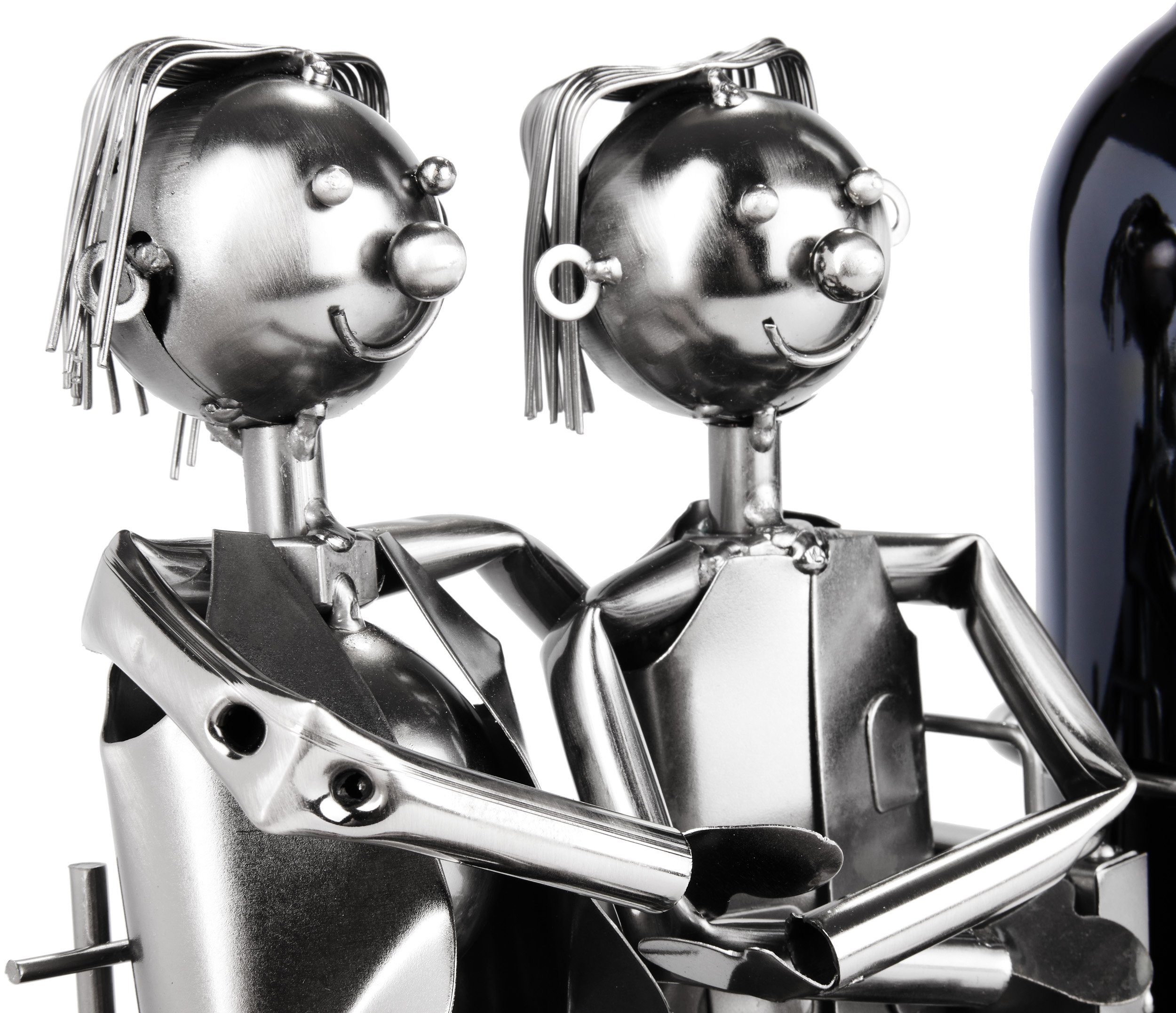 BRUBAKER Weinflaschenhalter Männer Liebespaar auf Bank, (Flaschenständer Metallfigur Liebe, 1-St., Weinflaschenhalter Silber), Metall Skulptur Geschenk für Ehepaare mit Geschenkkarte
