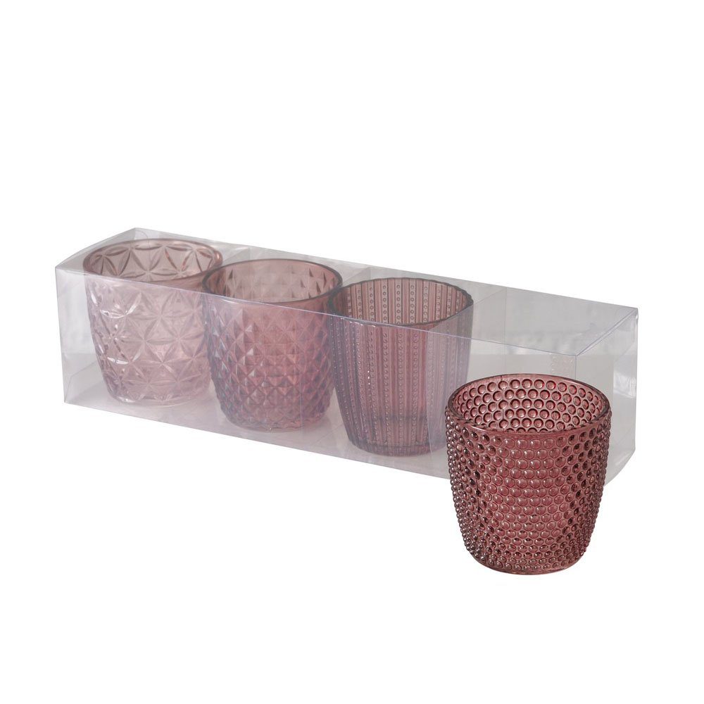 BOLTZE Teelichthalter 4tlg. Windlicht MARILU rosa altrosa Muster geriffelt Glas (4 Motive) | Teelichthalter