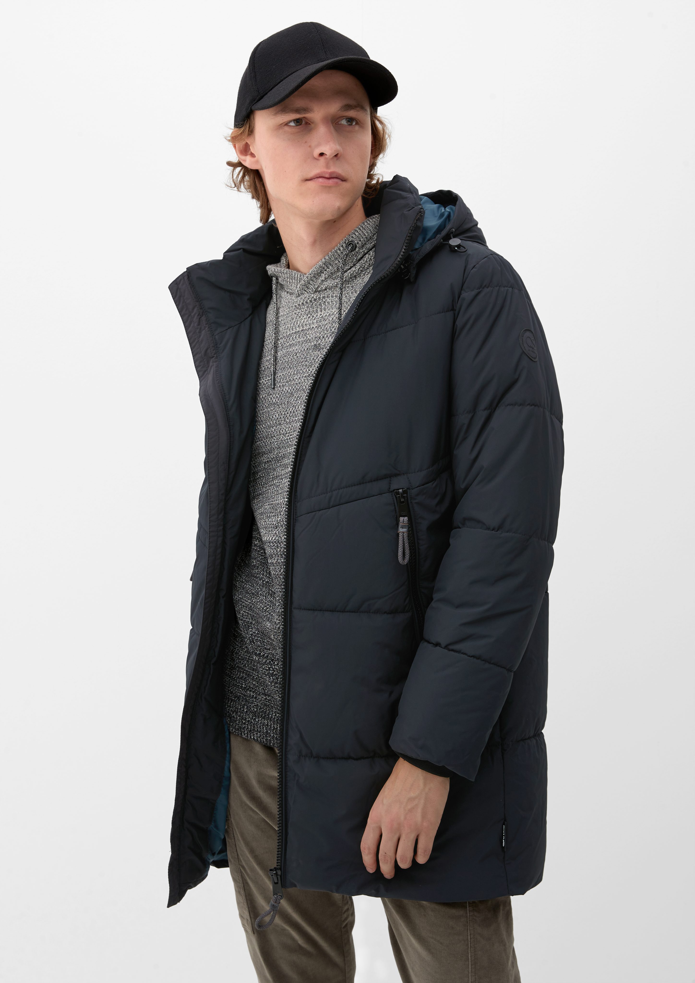 QS Langmantel Steppjacke mit abnehmbarer Kapuze black